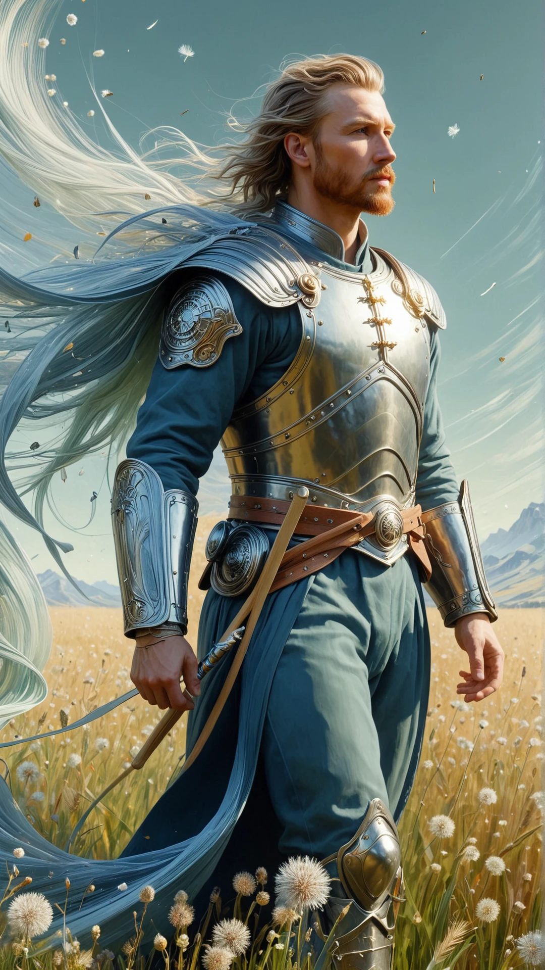 <lora:ElementWindSDXL:1>ElementWind A full portrait of an ancient nordic soldier, intricate, elegant, highly detailed, digital painting, artstation, concept art, smooth, sharp focus, illustration, art by Krenz Cushart and Artem Demura and alphonse mucha,Realistic oil painting, golden hour, dandelion seeds scattered in the wind, soft breeze, golden light, dry grass, blue sky, green field, impressionistic style, Van Gogh, Monet, texture, depth, motion, blur, delicate, detailed, vibrant colors, warm tones, nature, peaceful, calming, dreamy, ethereal, beautiful, high resolution, intricate, detailed brushwork wind, blowing ethereal streaks, gusts of wind, (Masterpiece:1.3) (best quality:1.2) (high quality:1.1)