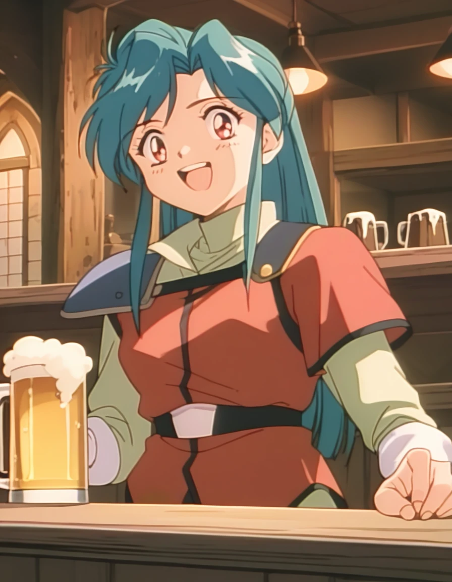 score_9, score_8_up, score_7_up, source_anime, 1girl, solo, <lora:diana-minerva-ponyxl:0.9> mnkda, uniform, red shirt, single shoulder pad, beer, excited, looking at viewer, tavern