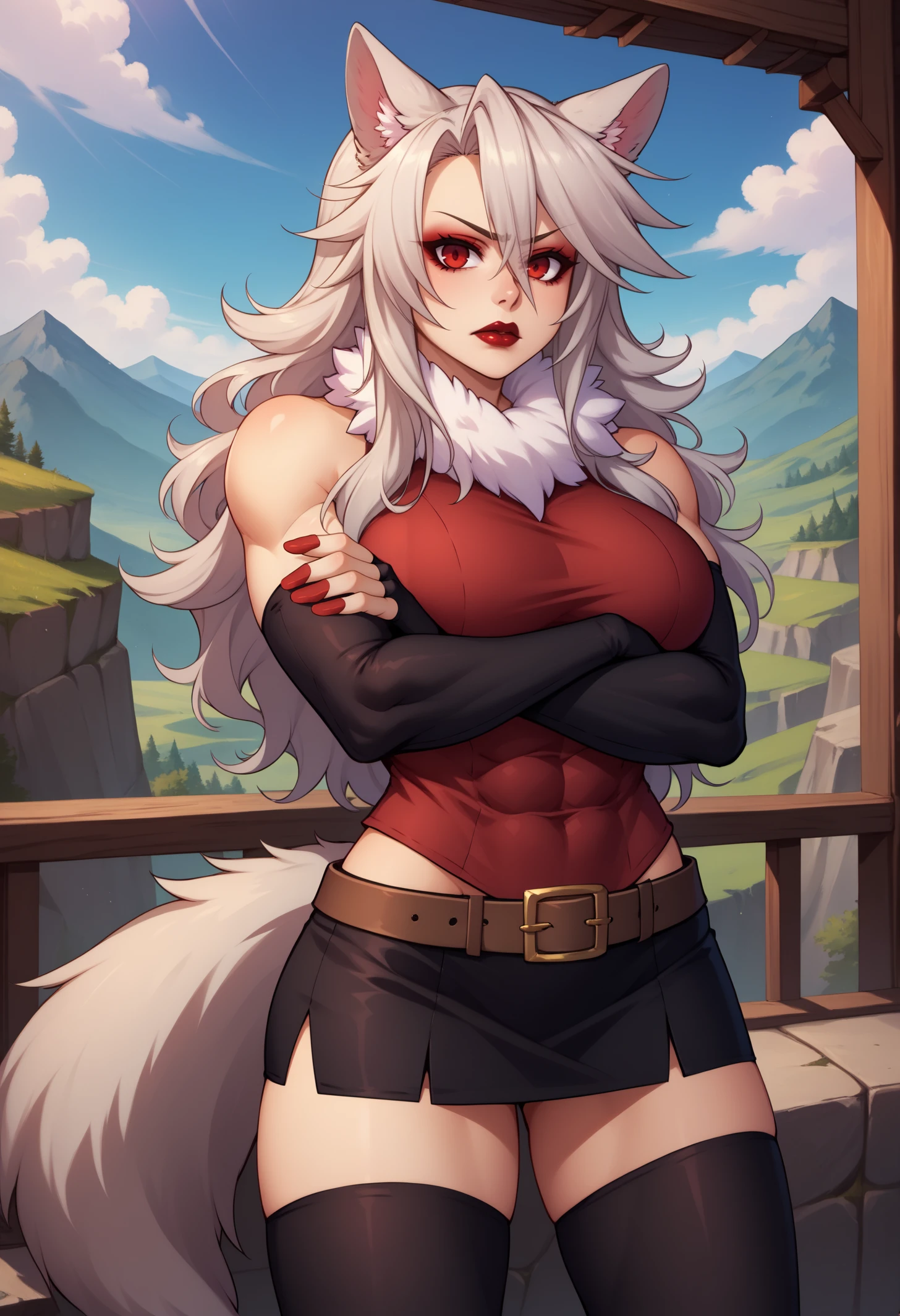 score_9, score_8_up, score_7_up, detailed, BREAK 1girl, solo, ferania, wolf girl, red eyes, animal ears, makeup, lipstick, red nails, wolf tail, long hair, hair between eyes, silver hair, large breasts, <lora:FeraniaWolfenstahlPDXL_V1-Manityro-CAME:1.0>, outdoors, cliffside, mountain,
looking at viewer, crossed arms,
red shirt, sleeveless, fur collar, fingerless gloves, black elbow gloves, brown belt, black skirt, mini skirt, black thighhighs, covered abs