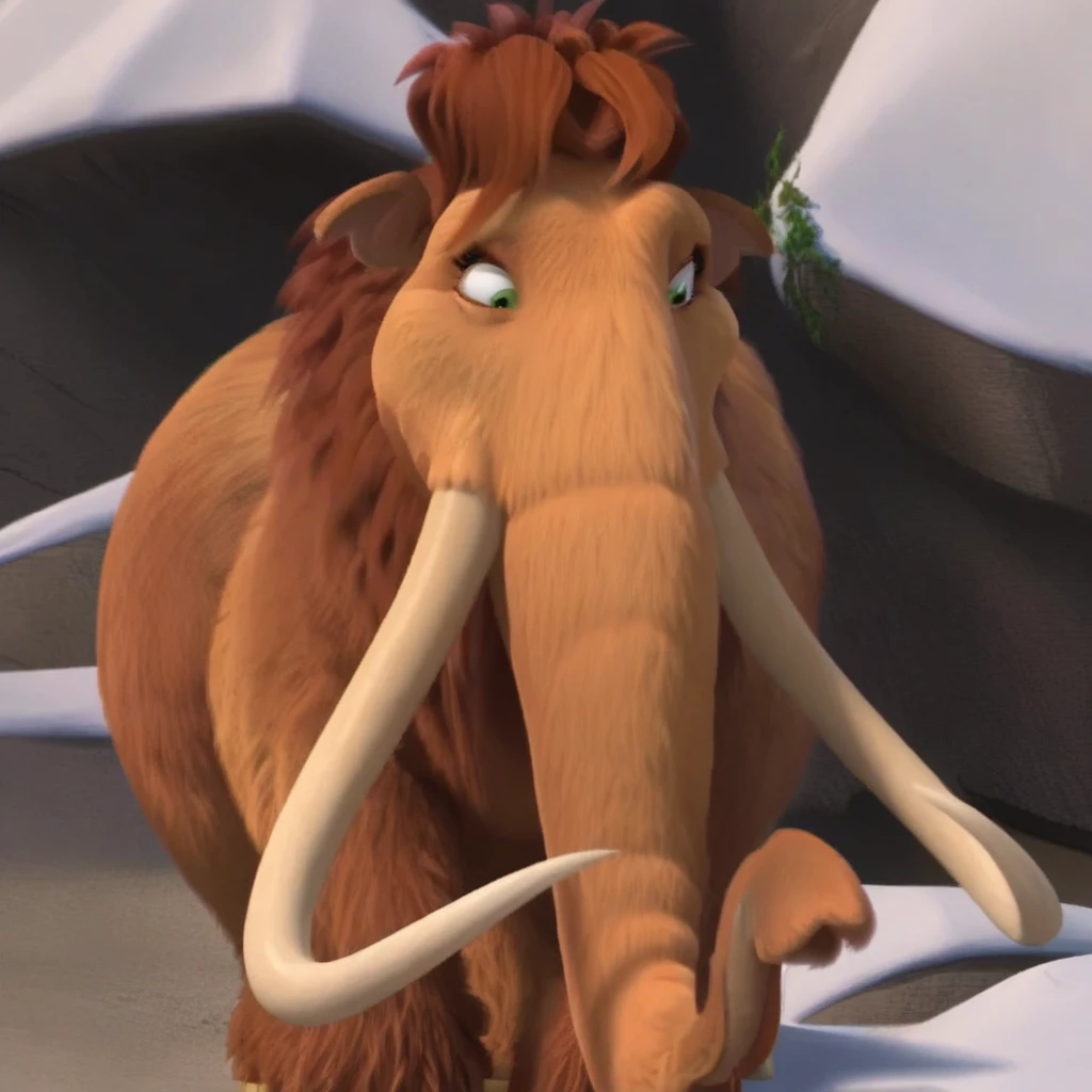 back view, hyper breasts, hyper hips, hyper butt, moaning, ellie the mammoth, mammoth, green eyes, orange fur, red hair, long tuck, ice age, elephant, long truck