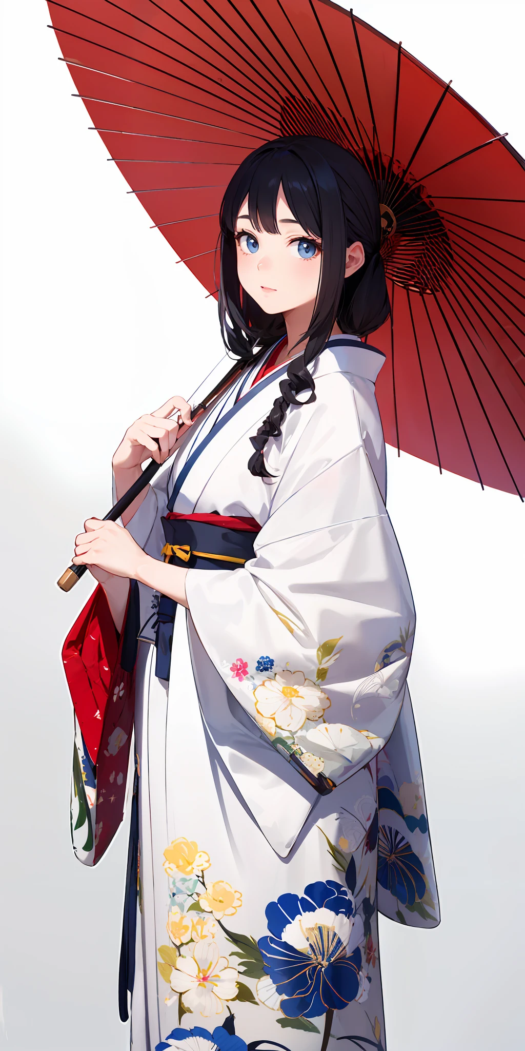 masterpiece,ultra-detailed,best quality,8K,illustration,cute face,clean skin ,shiny hair,
girl,,simple background,cowboy shot, <lora:wagasa_V1.0:0.6> wagasa, oil-paper umbrella, japanese clothes,holding umbrella