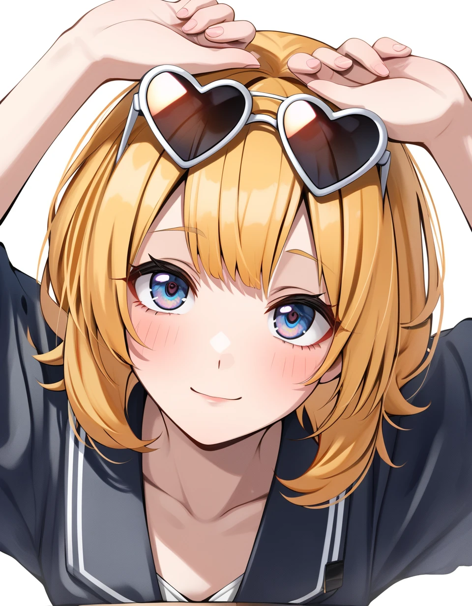 1 girl , (( solo )) , upper body, leaning forward, looking at viewer , look up, <hatosangu_sdxl_0001:0.7>, hatosangu, heart sunglasses, sunglasses on head, arms up , place hand along sunglasses, orange blonde hair, medium hair, ultra-detailed, 4k, white background , good hand , perfect hands,