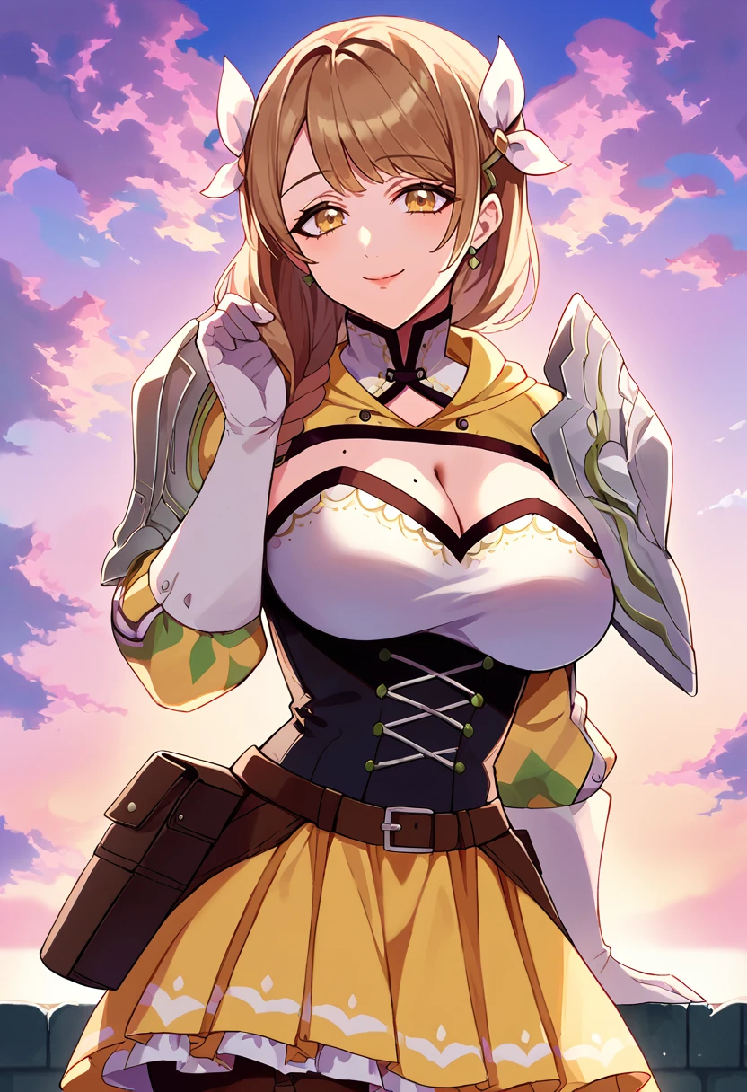 score_9, score_8_up, score_7_up, source_anime, BREAK,  solo, 1girl, <lora:FE3H-S-Rank-pdxl_Fp:1>, sky, cloud, sunset, looking at viewer,  <lora:GoldmaryFE-pdxl:1>, defGoldmary, looking at viewer, smile, braid, hair ribbon, black corset, cleavage, large breasts, mole on breast, gloves, shoulder armor, single pauldron, yellow skirt, pantyhose, smile,