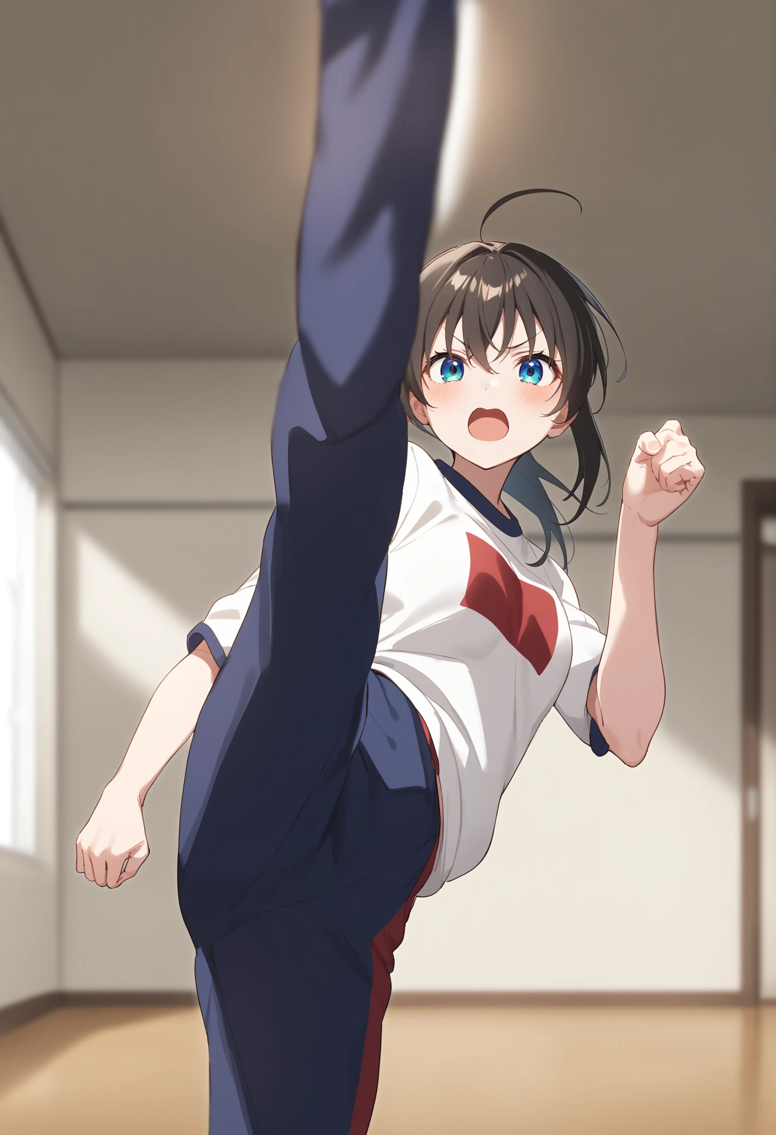 1girl,sincos, ningen mame, toosaka asagi,solo,medium breasts,gym uniform,
axe kick, kicking, standing on one leg, leg up, high kick, standing split,<lora:axekick_XL_v1:0.8>
best quality, very aesthetic, absurdres