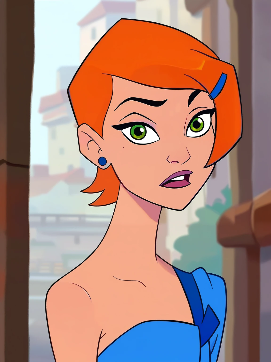 <lora:Gwen:0.5> gw_n, 1girl, pale skin, green eyes, short orange hair, blue hair clip, sapphire earrings,
<lora:WesternCartoonClassicDisney100:1>, score_9, score_8_up, score_7_up,