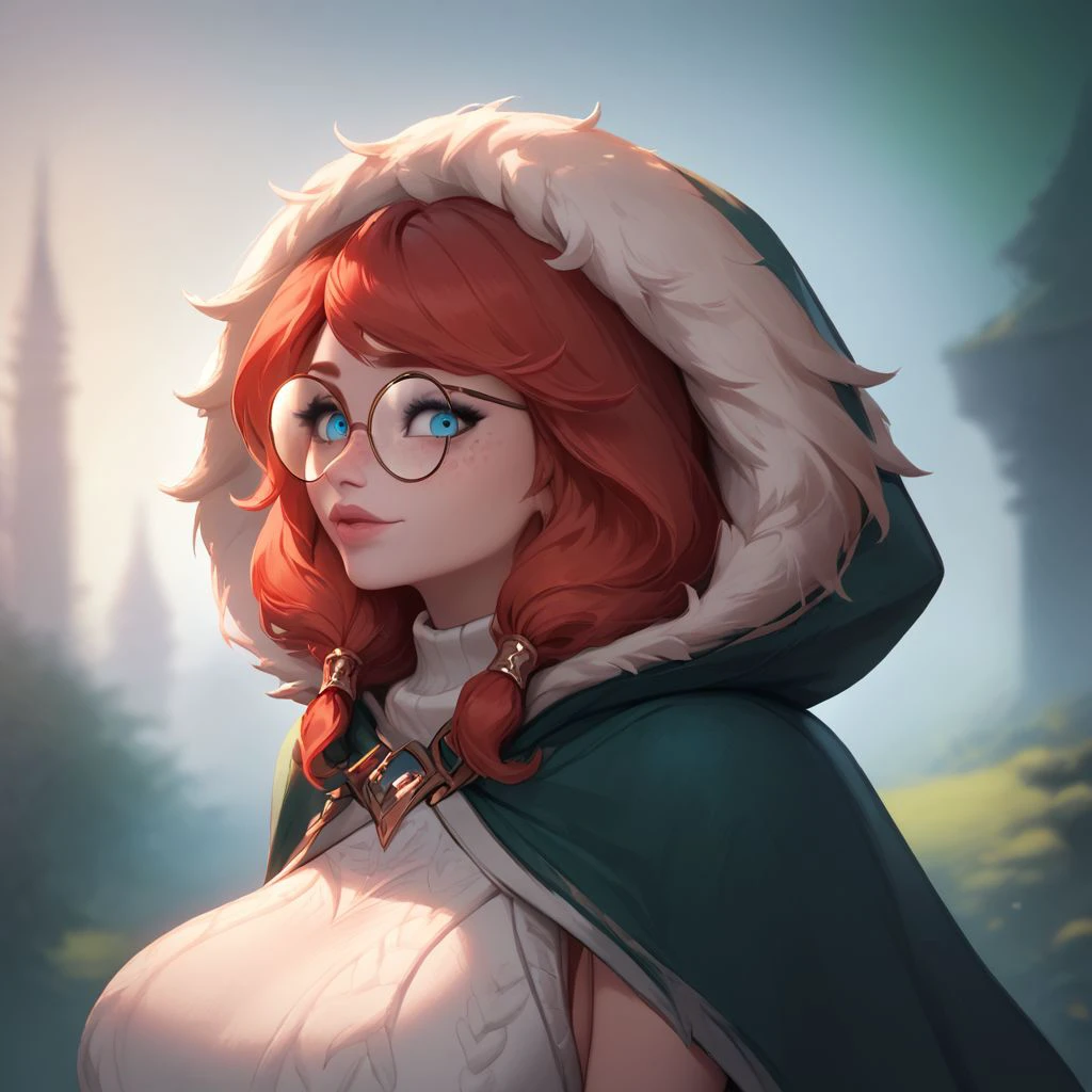 (((beautiful, hyper realistic, high quality))), upper Body, score_9, score_8_up, score_7_up, realistic, 
Aurora lol, 1girl, red hair, round glasses, freckles, jewelry, rabbit ears, blue eyes, white sweater, green cape with fur
looking at the viewer, posing, 
fantasy background, blurred background,