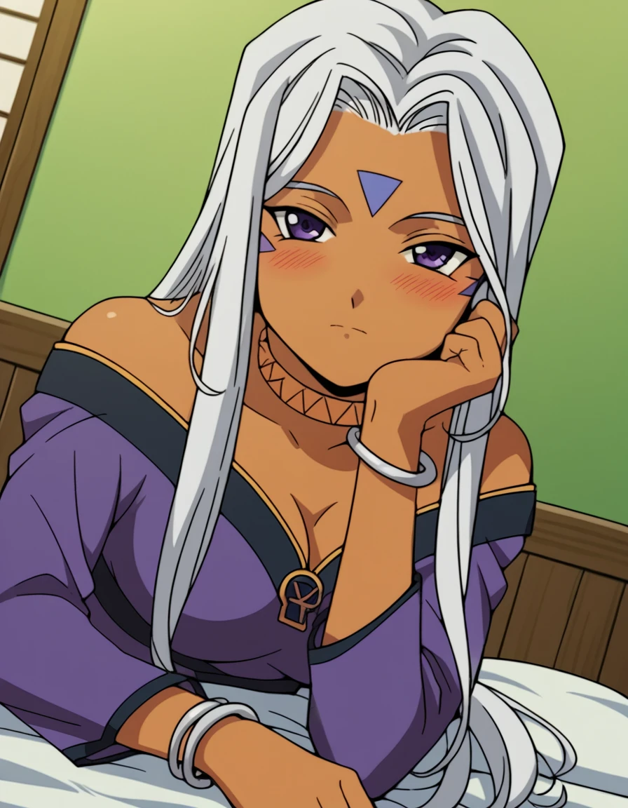 score_9, score_8_up, score_7_up, source_anime,
goddessurd, <lora:goddess-urd-s2-ponyxl-lora-nochekaiser:1>,
goddess urd, long hair, purple eyes, white hair, dark skin, dark-skinned female, facial mark, forehead mark,
cleavage, bare shoulders, jewelry, choker, off shoulder, bracelet, dress, purple dress,
indoors, bed, bed room, on side, blush, drunk,
looking at viewer, cowboy shot, solo, dutch angle,