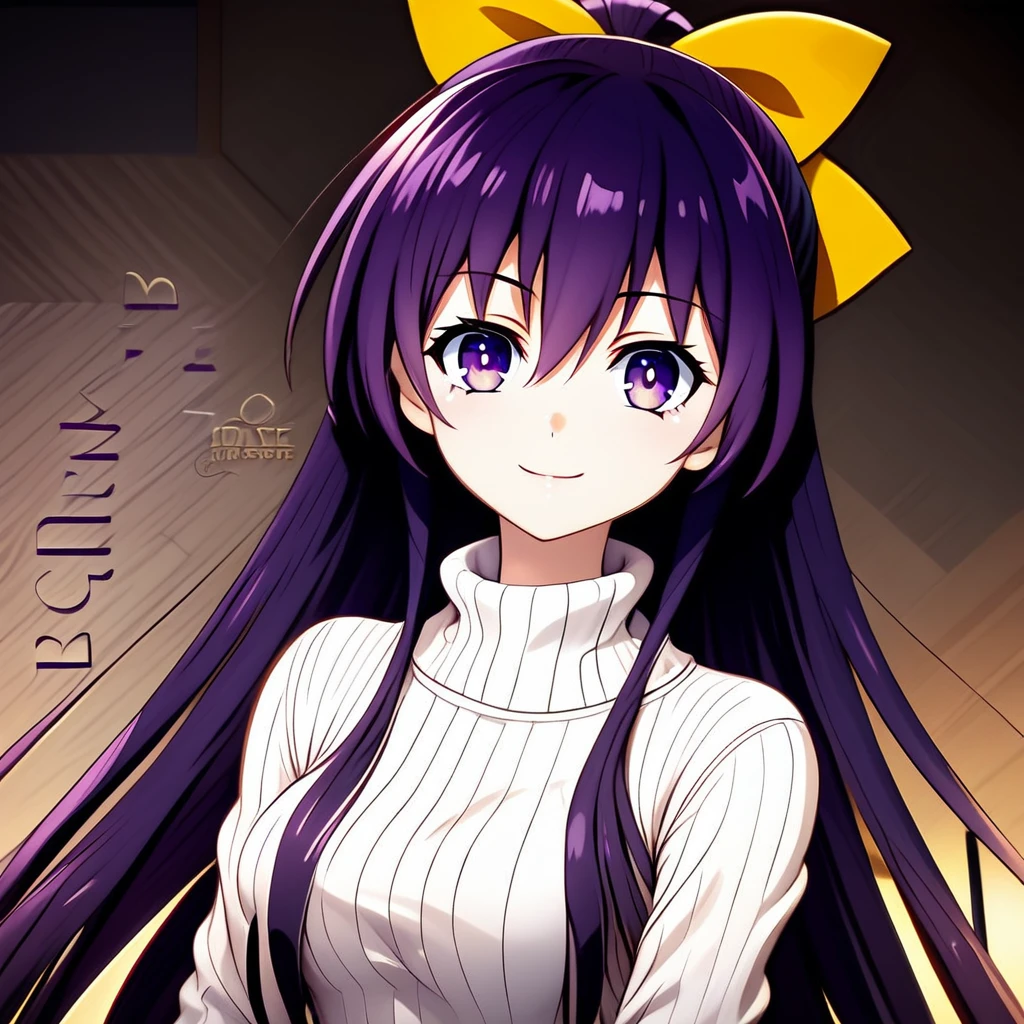 (extremely detailed CG unity 4k wallpaper),(masterpiece),(best quality),(ultra-detailed),(best illustration),(best shadow),(absurdres),(detailed background) Tohka Yatogami, 1girl, solo, bow, long hair, hair bow, smile, purple hair, yellow bow, purple eyes, ponytail, breasts, hair between eyes, sweater, very long hair, turtleneck, upper body, hair ornament, sitting, looking at viewer, white sweater, medium breasts, indoors, bangs, anime coloring