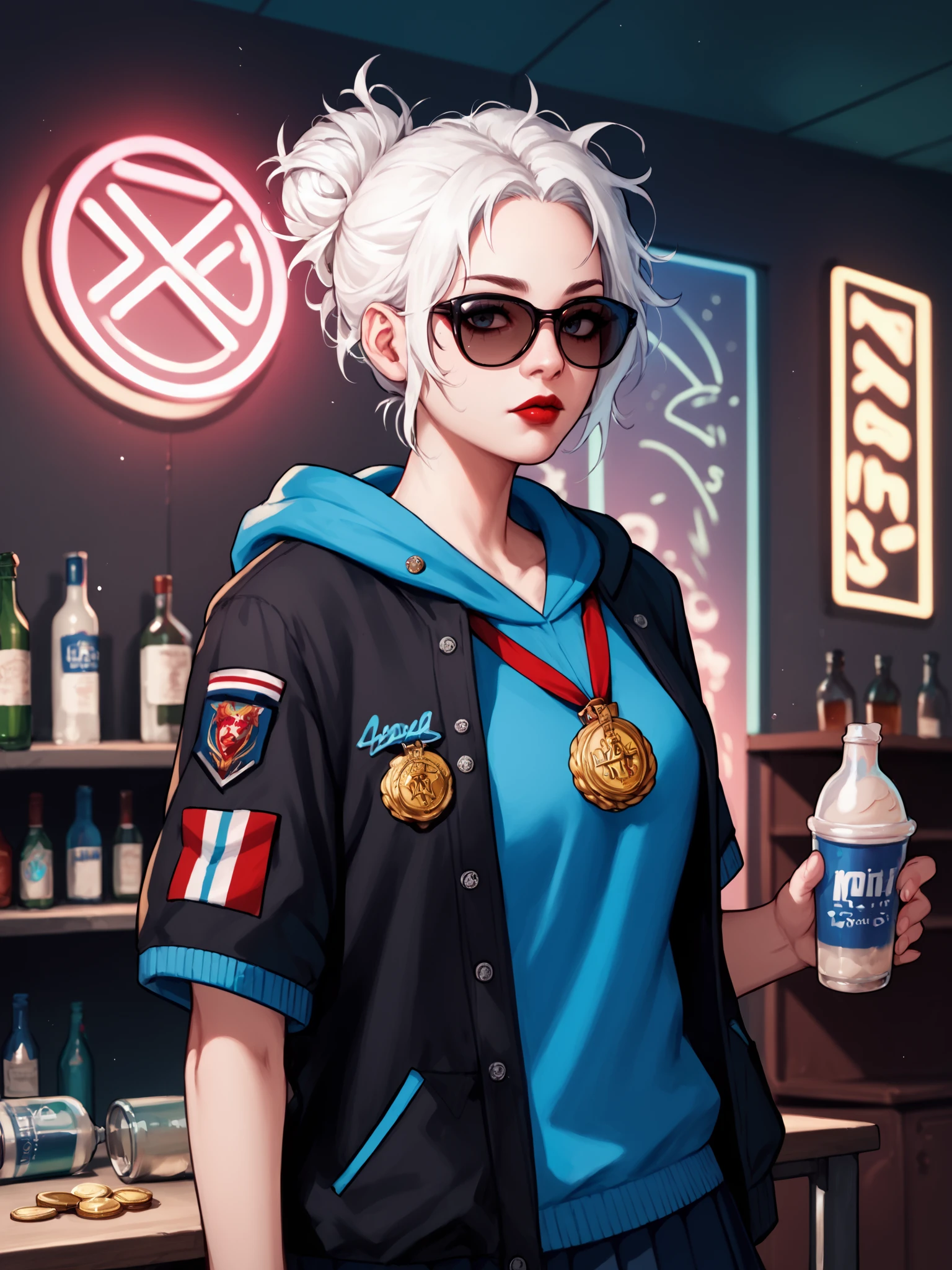 white hair, island, sunglasses, holding cup, black jacket, school uniform, red lips, holding food, looking to the side, blue hoodie, neon lights, messy hair, short sleeves, hair up, mascara, blue bra, bottle, medal, socks, sweater, shelf, bodypaint, indoors, cinematic lighting, depth of field, looking at viewer, BREAK PonyXLV6_Scores