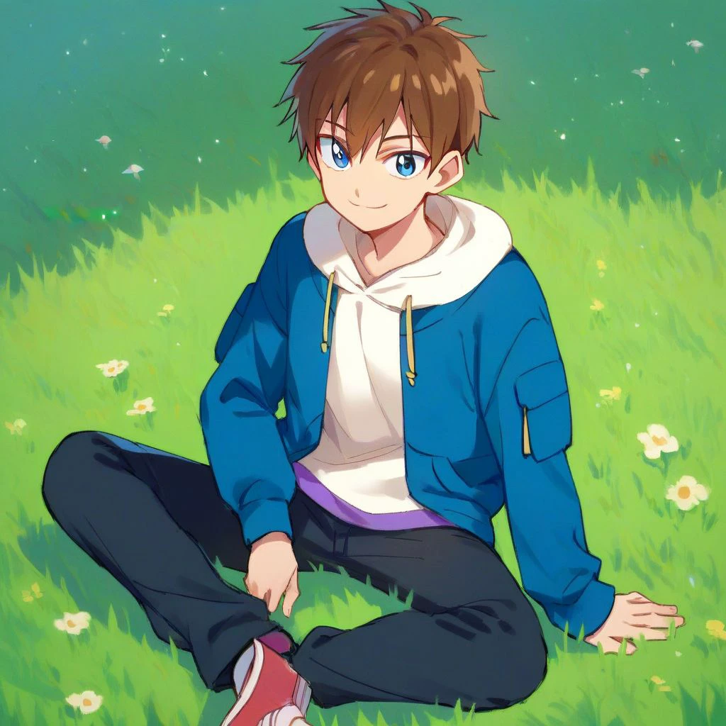 score_9,score_8_up,score_7_up,score_6_up,score_5_up,score_4_up, solo, Shinada Takumi,1boy, male focus, short hair, brown hair, blue eyes, white shirt, blue jacket, black pants, smile, sitting,outdoors, grass, on grass,