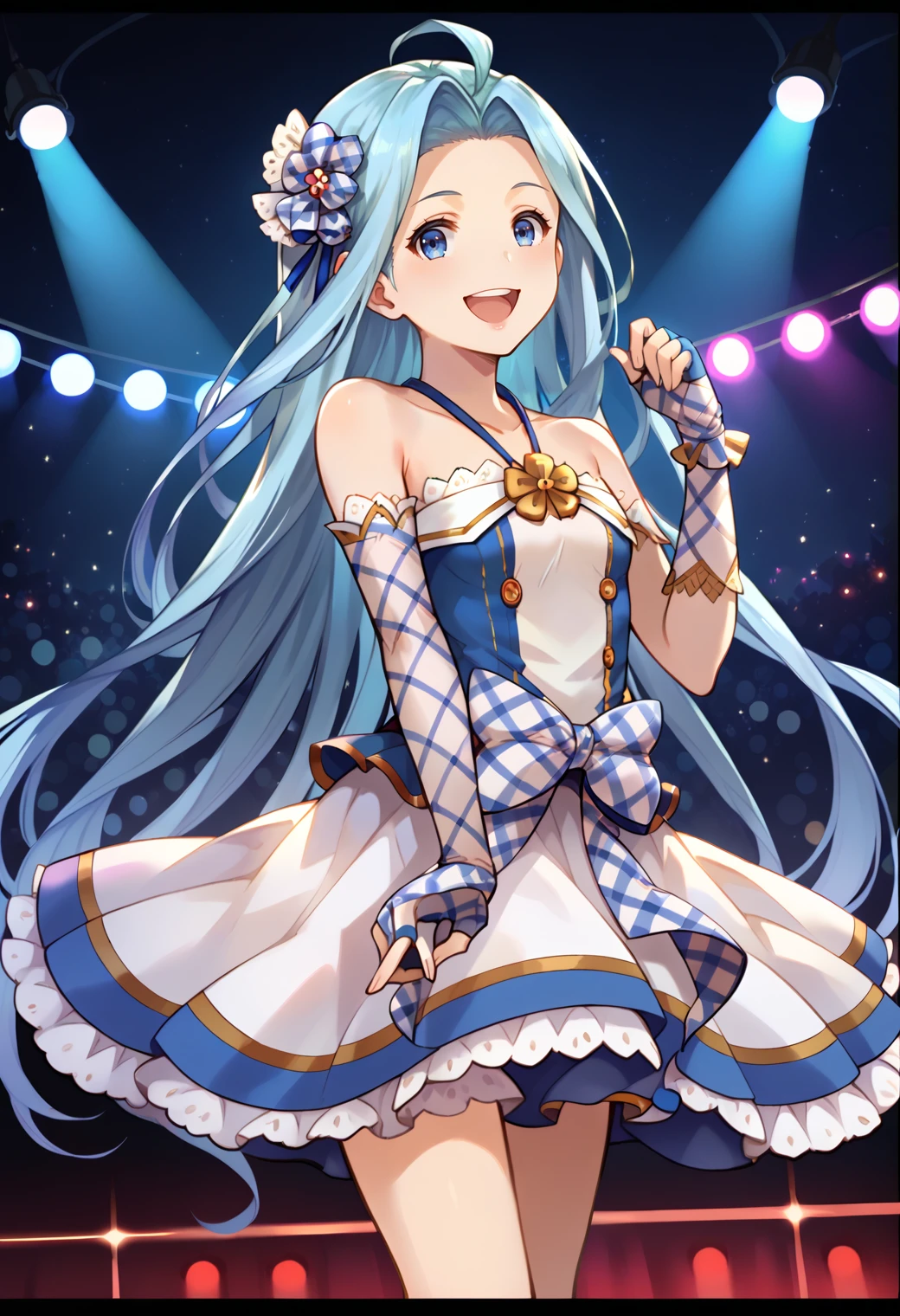 score_9, score_8_up, score_7_up, hd, (ultra hd quality details), stage, stage lights,
(masterpiece, best quality), fcDetailPortrait, solo, 1girl, luriabase, blue hair, very long hair, ahoge,
lyridoldress, hair ribbon, bare shoulders, plaid, bow, elbow gloves, fingerless gloves, assymmetrical gloves, asymmetrical legwear,
looking at viewer, smile, open mouth,
standing,
<lora:_lyria-elesicov1:1>