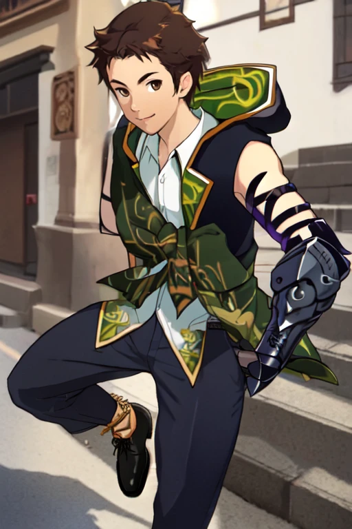 (masterpiece),(best_quality),1boy,Antera,hooded vest,sleeveless shirt,green sash,bridal gauntlets,monkey anklet,dress shoes,monkey tail,<lora:Antera:1>,