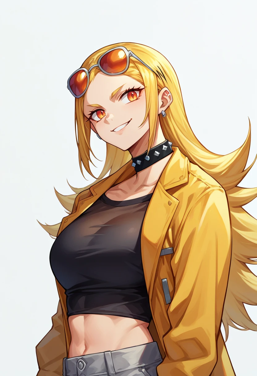 score_9, score_8_up, source_anime, 1girl, solo, KamiuntenMira, long hair, spiked collar, black shirt, upper body, eyewear on head, sunglasses, grey pants, midriff, see-through cleavage, yellow jacket, black choker, smile, simple background, white background, <lora:ChamKamiuntenMiraPonyXL:1>