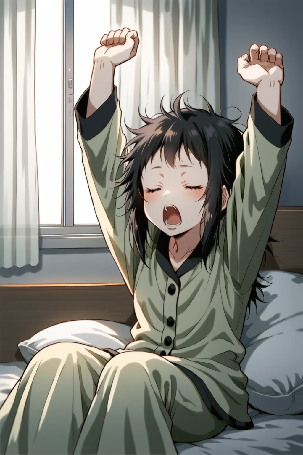 tsugumi score_9, score_8_up, score_7, source_anime, 1girl, solo, full body, sitting, wariza, on bed, black hair, messy hair, closed eyes, open mouth, yawning, pajamas, arms up, stretching, bed, bedroom, pillow, blanket, window, curtains, sunbeam