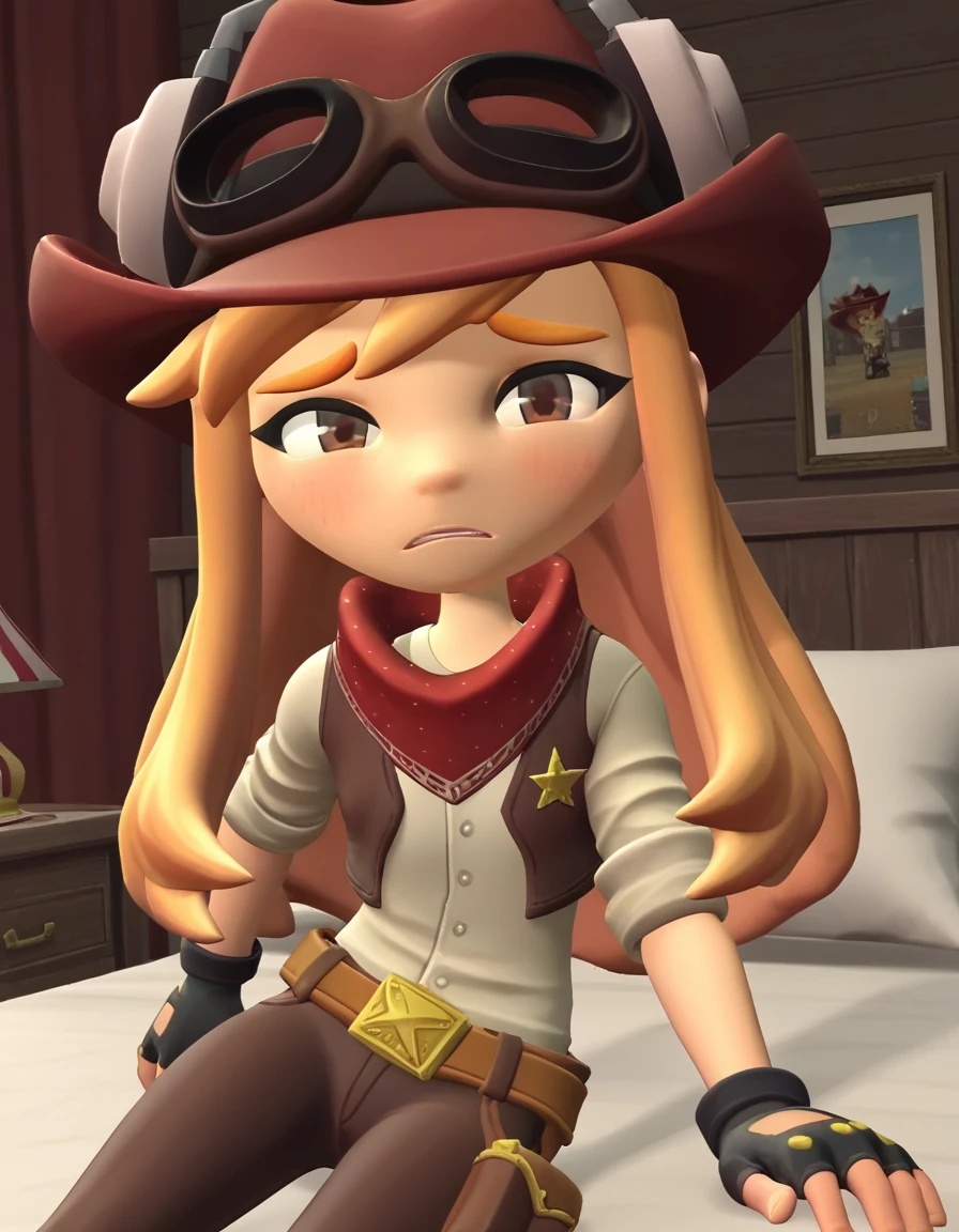 score_9, score_8_up, score_7_up, source_anime,
meggyspletzer, <lora:meggy-spletzer-ponyxl-lora-nochekaiser:1>,
meggy spletzer, long hair, blonde hair, brown eyes, 3d,
gloves, hat, pants, fingerless gloves, eyewear on head, cowboy hat, cowboy western,
indoors, bed, bed room, on side, blush, drunk,
looking at viewer, cowboy shot, dutch angle, solo,