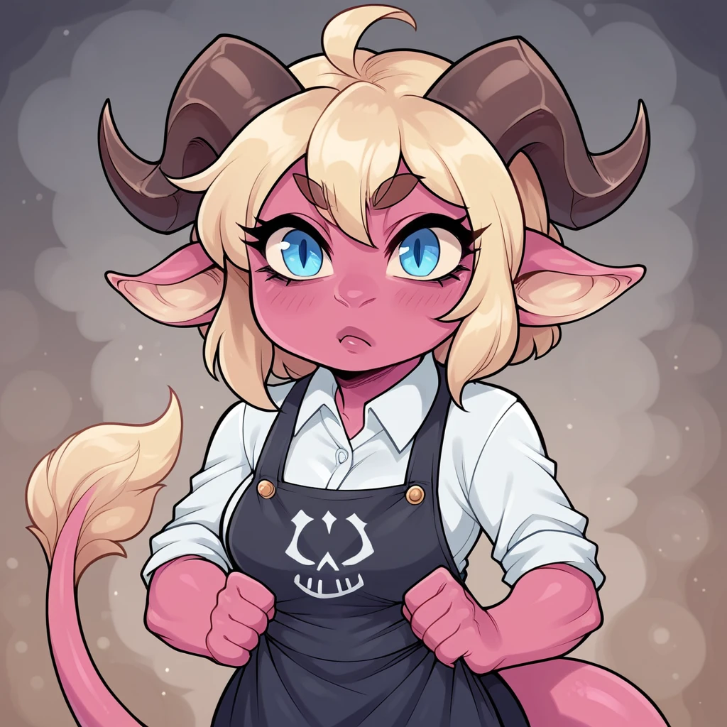 <lora:Adalee_Style_PonyXL:0.65>, adalee, score_9, score_8_up, score_7_up, score_6_up, score_5_up, score_4_up, source_furry, source_anime, rating_safe, 1girl, solo, horns, breasts, tail, monster girl, medium breasts, imp, detailed background, clothed, clothing, blonde hair, blue eyes, pink body, at a bowling alley, leaning
