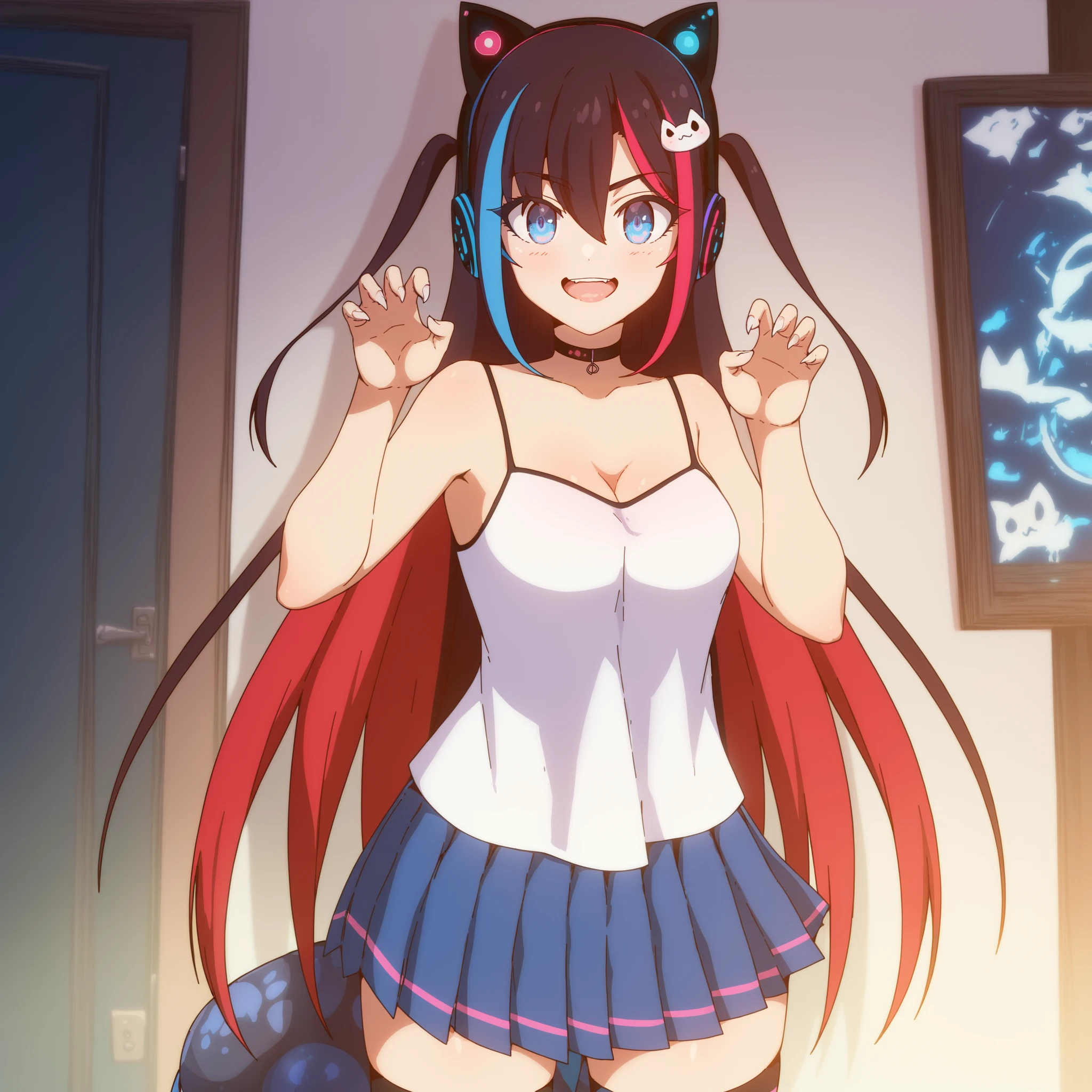 masterpiece, best quality, very aesthetic, absurdres, kuria, 1girl, solo, black hair, two-tone hair, blue and red hair, medium breasts, blue eyes, looking at viewer, dynamic pose, cowboy shot