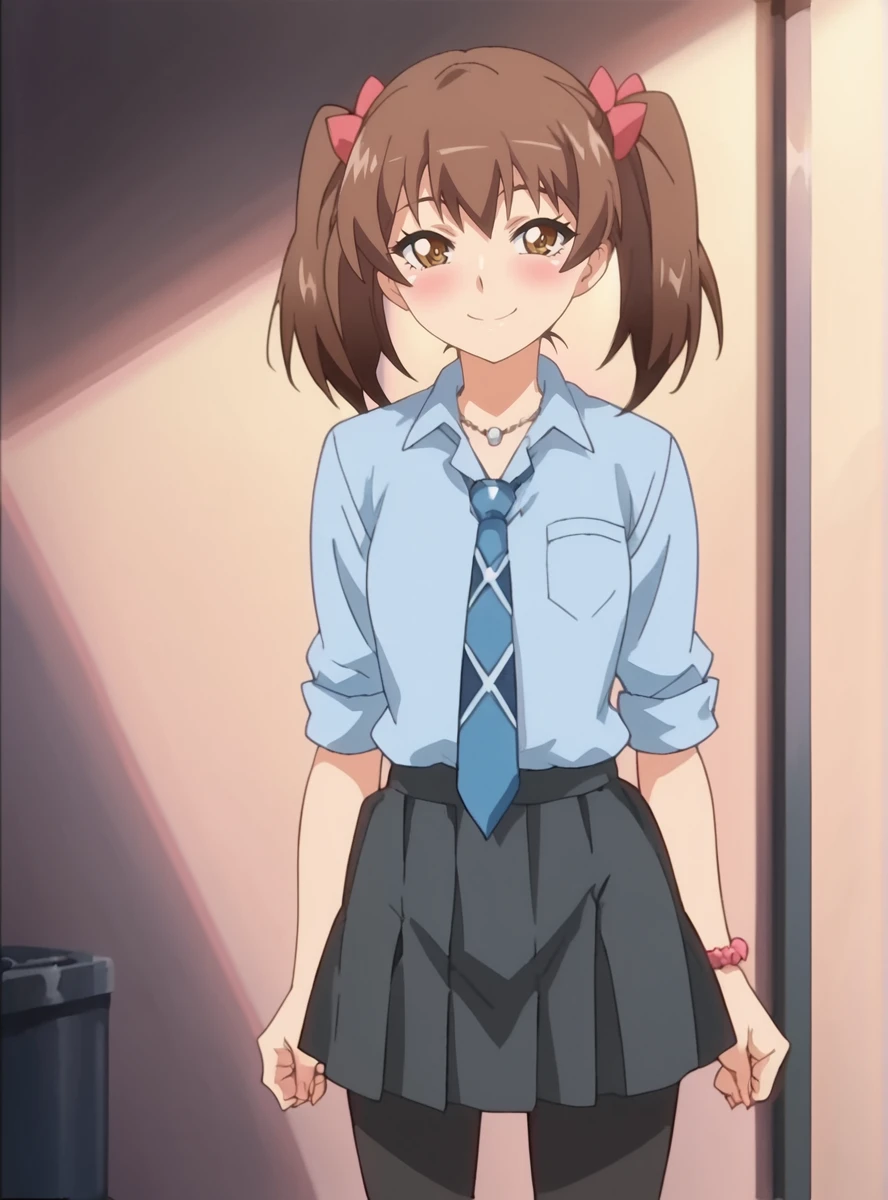 score_9, score_8_up, score_7_up, score_6_up, source_anime, anime screencap <lora:hanazawa_airi:0.8>hanazawa_airi, 1girl, brown hair, twintails, blush, brown eyes, solo,skirt, blue_shirt smile, pantyhose, smile,necktie,