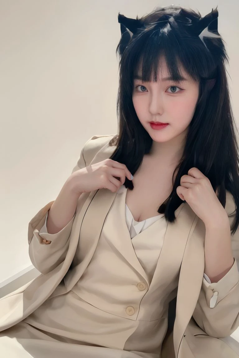 1girl, solo, small breasts, looking at viewer, realistic, photorealistic, bangs, black eyes, black hair, lips, long hair, closed mouth, animal ears, cat ears, hyper detailed, super sharp, crisp, smooth, smooth gradients, depth of field, (in studio: 1.1), (white background: 1.1), <lora:shanghai_kexin:1> , <lora:breastsizeslideroffset:-0.35>, <lora:skin_slider_v2_1_FACE:0.5>, <lora:add_detail_v5:1>, office suit, coat, skirt