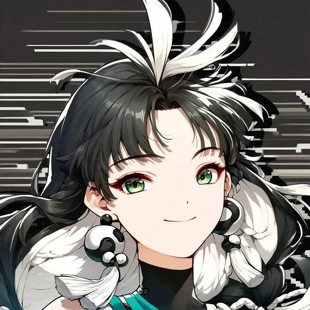 wuthering waves style, solo, black hair, 1girl, jewelry, earrings, smile, white background, multicolored hair, looking at viewer, portrait, white hair, simple background, long hair, two-tone hair, closed mouth, tassel, parted bangs, tassel earrings, green eyes, braid, score_9, score_8_up, score_7_up, score_6_up, score_5_up, score_4_up, source_anime
