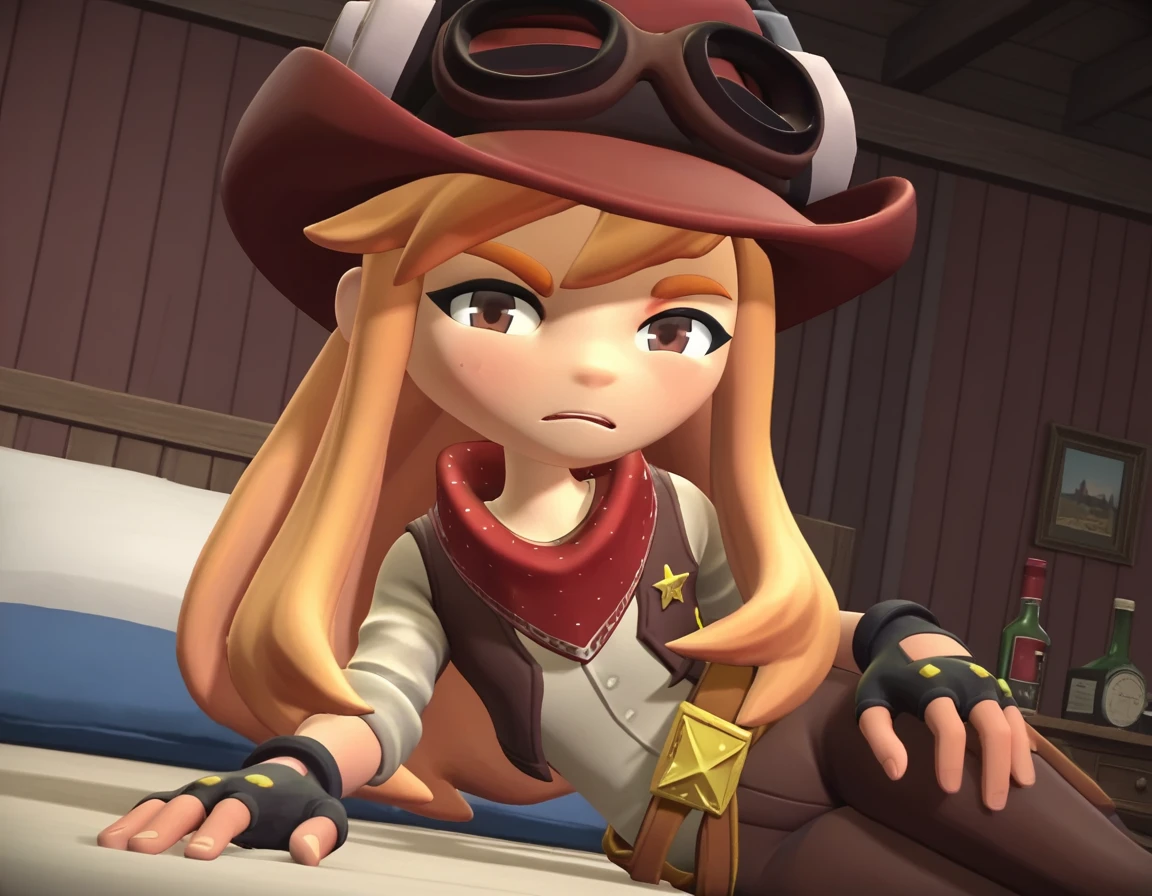 score_9, score_8_up, score_7_up, source_anime,
meggyspletzer, <lora:meggy-spletzer-ponyxl-lora-nochekaiser:1>,
meggy spletzer, long hair, blonde hair, brown eyes, 3d,
gloves, hat, pants, fingerless gloves, eyewear on head, cowboy hat, cowboy western,
indoors, bed, bed room, on side, blush, drunk,
looking at viewer, cowboy shot, dutch angle, solo,