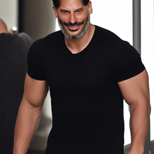 Masterpiece, Best Quality, Ultra-Detailed, 1man, solo, Joe Manganiello, Smiling, Black shirt, looking at you