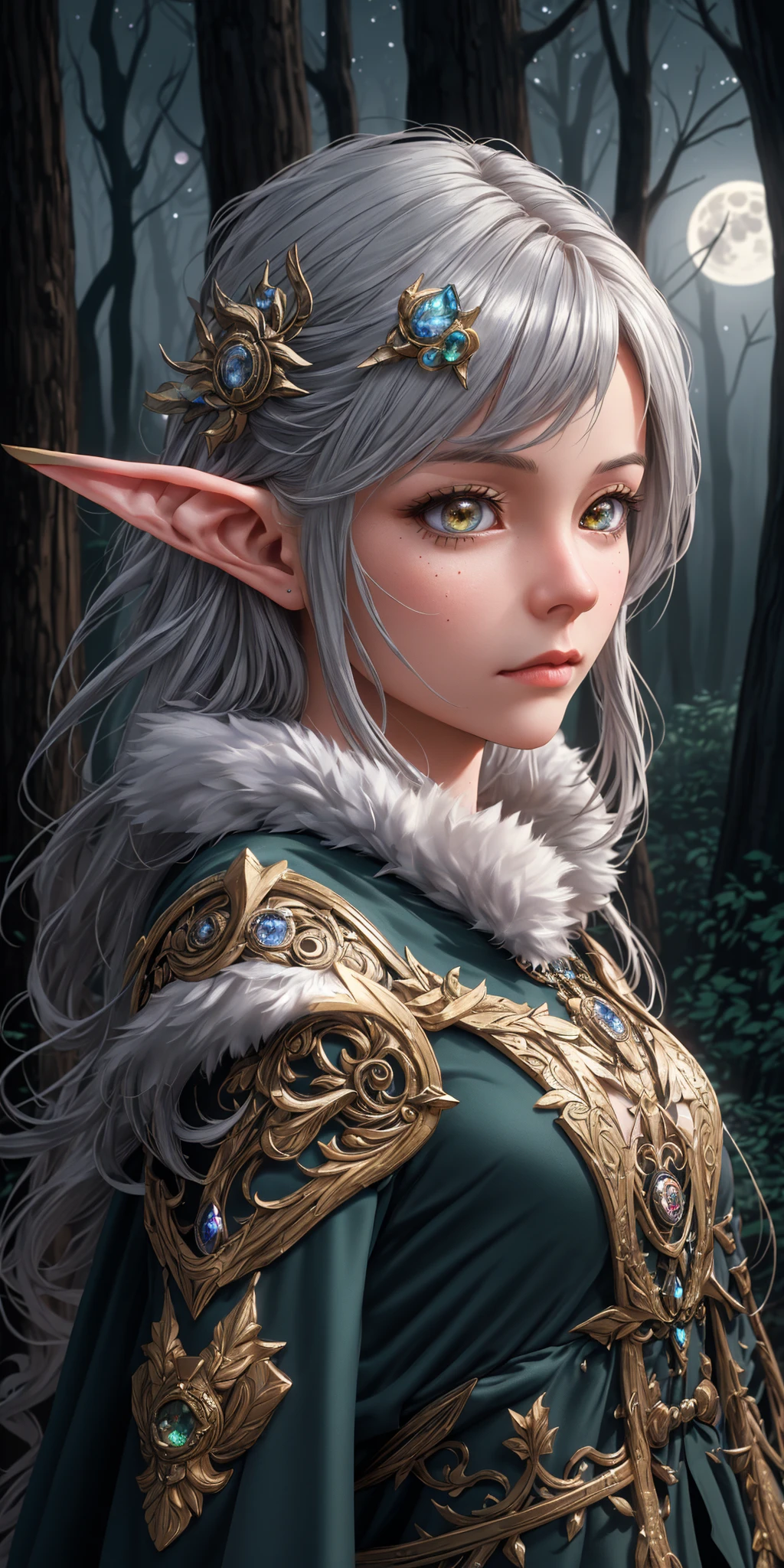 50mm lens
aperture opening of f/4.0
1 girl, beautiful elven maiden:1, silver elven armor:0.8, shoulder portrait, Night, Forest:0.8, Full moon, mana flow, shimmers, psychic energy, intricate details, HDR+, intricate details, Detailed Fluffy Fur, Detailed Hair, hyperdetailed, natural fur texture, detailed skin, hyperrealism, sharp
(hyperrealistic, cinematic light, depth of field)
\\ Made with ONE FOR ALL checkpoint by Chaos Experience @ https://civitai.com/user/ChaosExperience/ \\