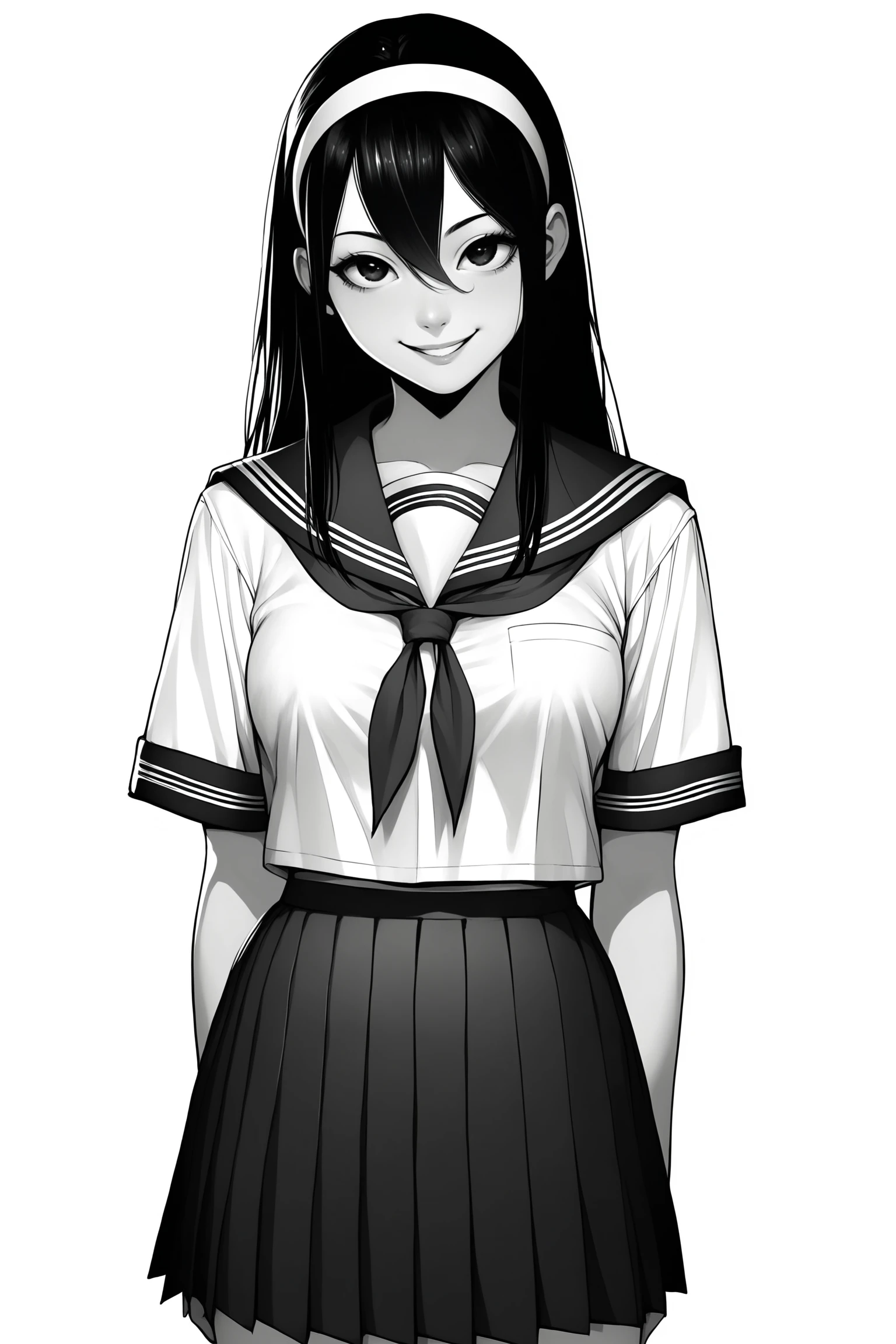 score_9, score_8_up, score_7_up, score_6_up, score_5_up, score_4_up, DianaKSXL, monochrome, greyscale, black eyes, hair band, black hair, long hair, hair between eyes, medium breasts, school uniform, serafuku, white shirt, short sleeves, sailor collar, neckerchief, pleated skirt, skirt, socks, loafers, solo, standing, seductive smile, looking at viewer, white background  <lora:DianaKSXL:0.8>