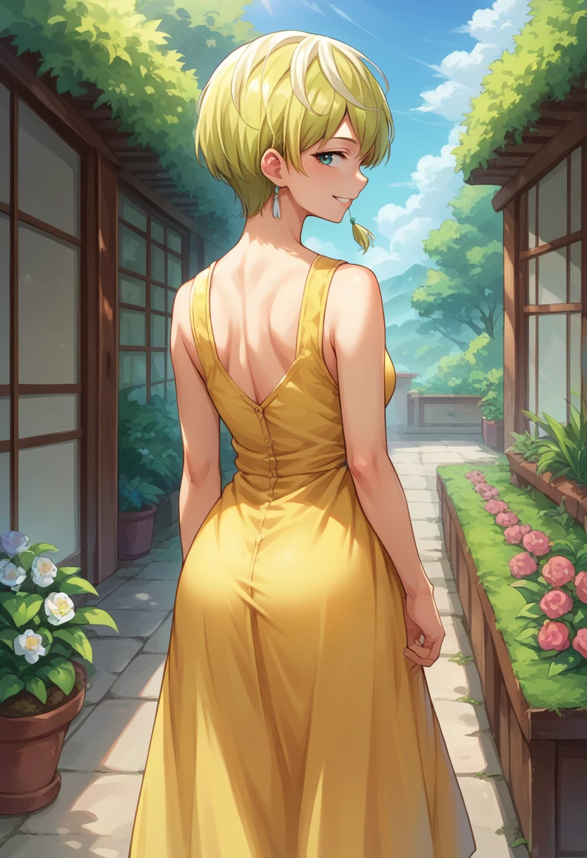 score_9, score_8_up, source_anime, 1girl, solo, IzumoTenka, short hair, single earring, from behind, yellow sundress, garden, day, sunshine, smile, looking back, <lora:ChamIzumoTenkaPonyXL:1>