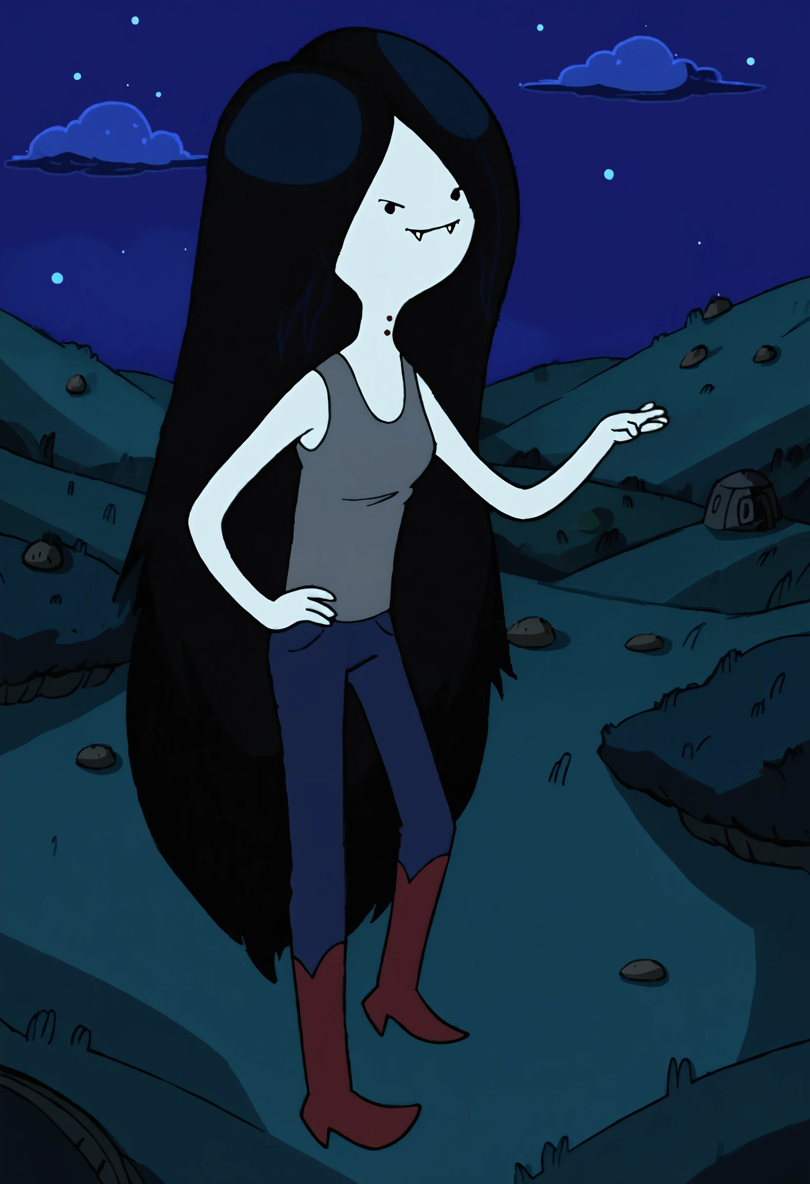 marceline, 1girl, fangs, solo, vampire, long hair, fangs out, solid circle eyes,tank top, bite mark, black eyes, red boots, black hair,floating, very long hair, grey skin, pants, smile,outdoors, night, night sky, <lora:MarcelinePony1.1:1>, score_9, score_8_up, score_7_up, score_6_up, score_5_up, score_4_up, looking at viewer, hand on own hip, cowboy shot,