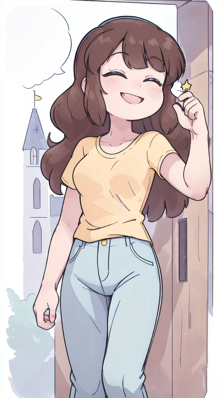 masterpiece, best quality, ultra detailled, <lora:Lelay:1>, standing, yellow shirt,blue pants, black eyes, long brown hair, mouth closed, smile, wink, one_eye_closed, castle background, blue pants