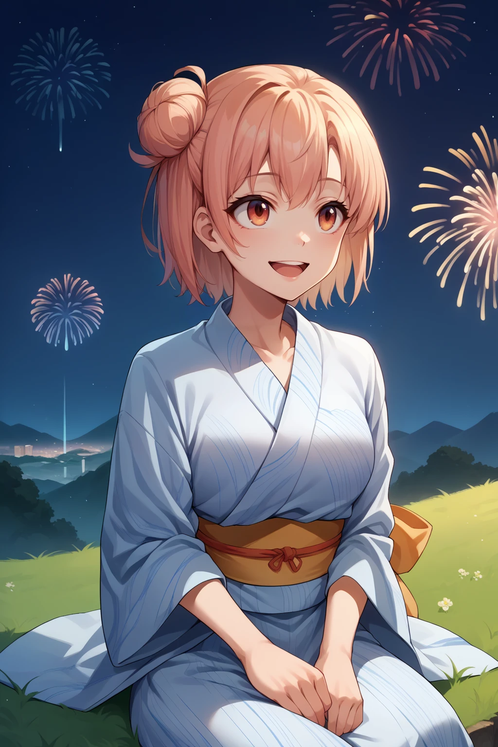 score_9, score_8_up, score_7_up, source_anime, upper body, looking up, smile, open mouth, yyghm, short hair, single hair bun, yukata, sash, sitting, outdoors, grass, hill, fireworks, skyline, night, <lora:Hoseki_Oregairu_YuiYuigahama_PDXL_v1:1>