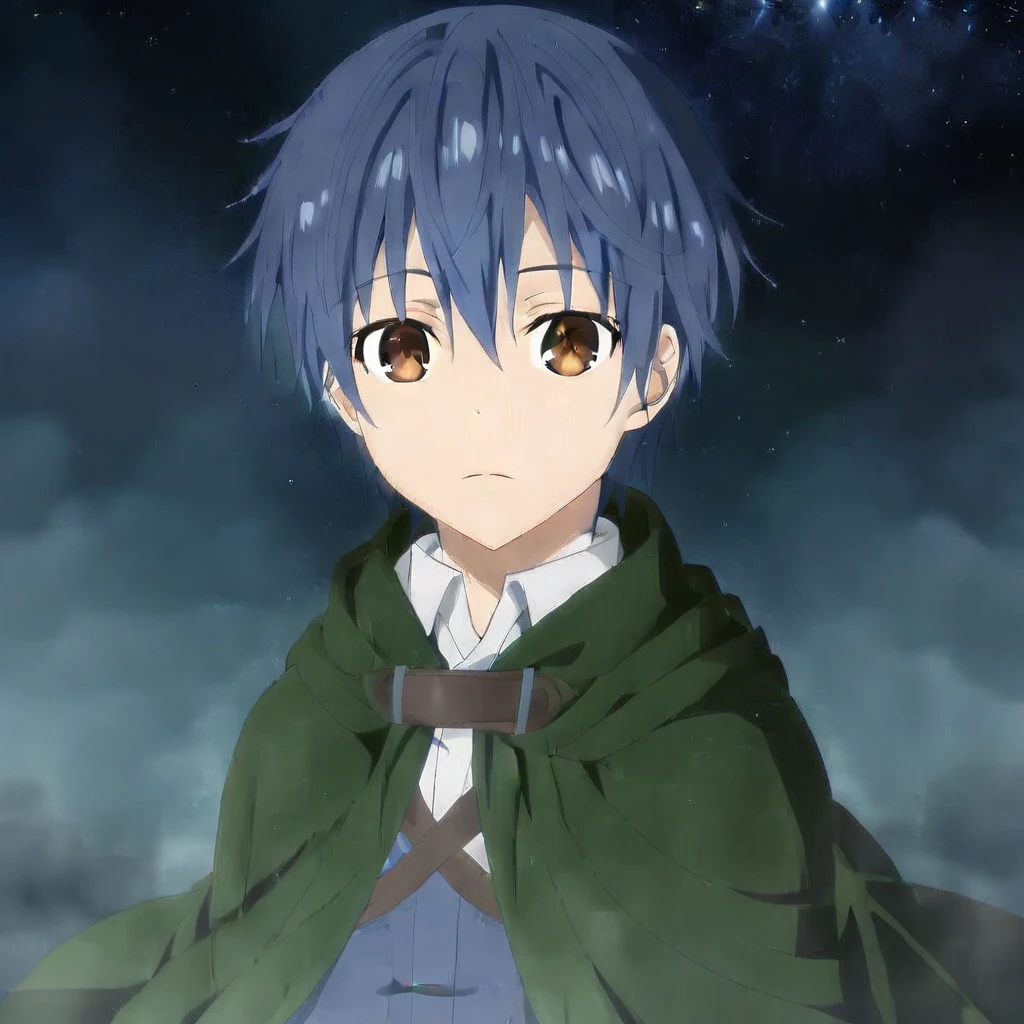 itsuka shido, 1boy, solo, male focus, blue hair, brown eyes, cloak, look at viewer, blow wind, lighting particle, strong rim light, starry sky, (moonlight), fog, snowflake, upper body,