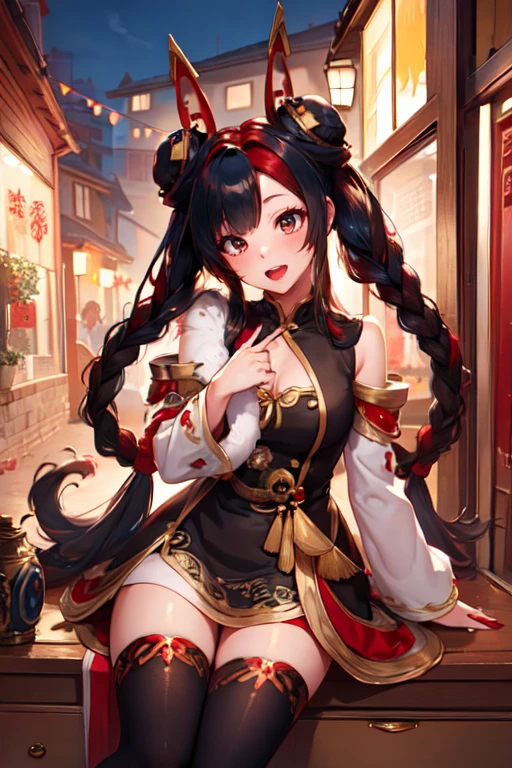1girl,multicolored hair,red hair,black hair,red eyes,long hair,dress,breasts,open mouth,mythmakergwen,hair ornament,solo,looking at viewer,thighhighs,detached sleeves,jewelry,closed eyes,hair bun,double bun,red lips,red nails,bangs,hair rings,split-color hair,two-tone hair,sitting,makeup,night,streaked hair,very long hair,twin braids,one eye closed,fingernails,sharp fingernails,window,chinese clothes,portrait,toes,nail polish,red thighhighs,<lora:mythmakerGwen:0.7>,