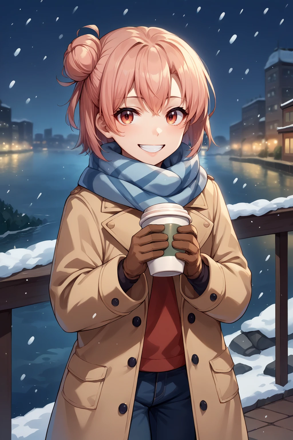 score_9, score_8_up, score_7_up, source_anime, cowboy shot, looking at viewer, smile, teeth, yyghm, short hair, single hair bun, winter clothes, scarf, coat, pants, gloves, holding, coffee cup, outdoors, night, snowing, river, city, <lora:Hoseki_Oregairu_YuiYuigahama_PDXL_v1:1>