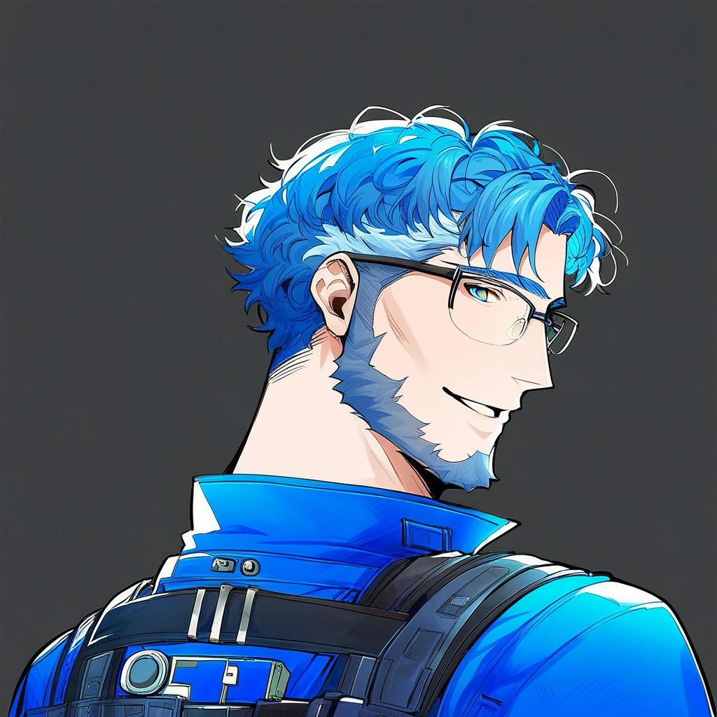 wuthering waves style, 1boy, male focus, glasses, solo, facial hair, blue hair, beard, looking back, white background, smile, looking at viewer, portrait, from behind, short hair, simple background, parted lips, blue eyes, hair behind ear, blue jacket, multicolored hair, hyur, mature male, score_9, score_8_up, score_7_up, score_6_up, score_5_up, score_4_up, source_anime