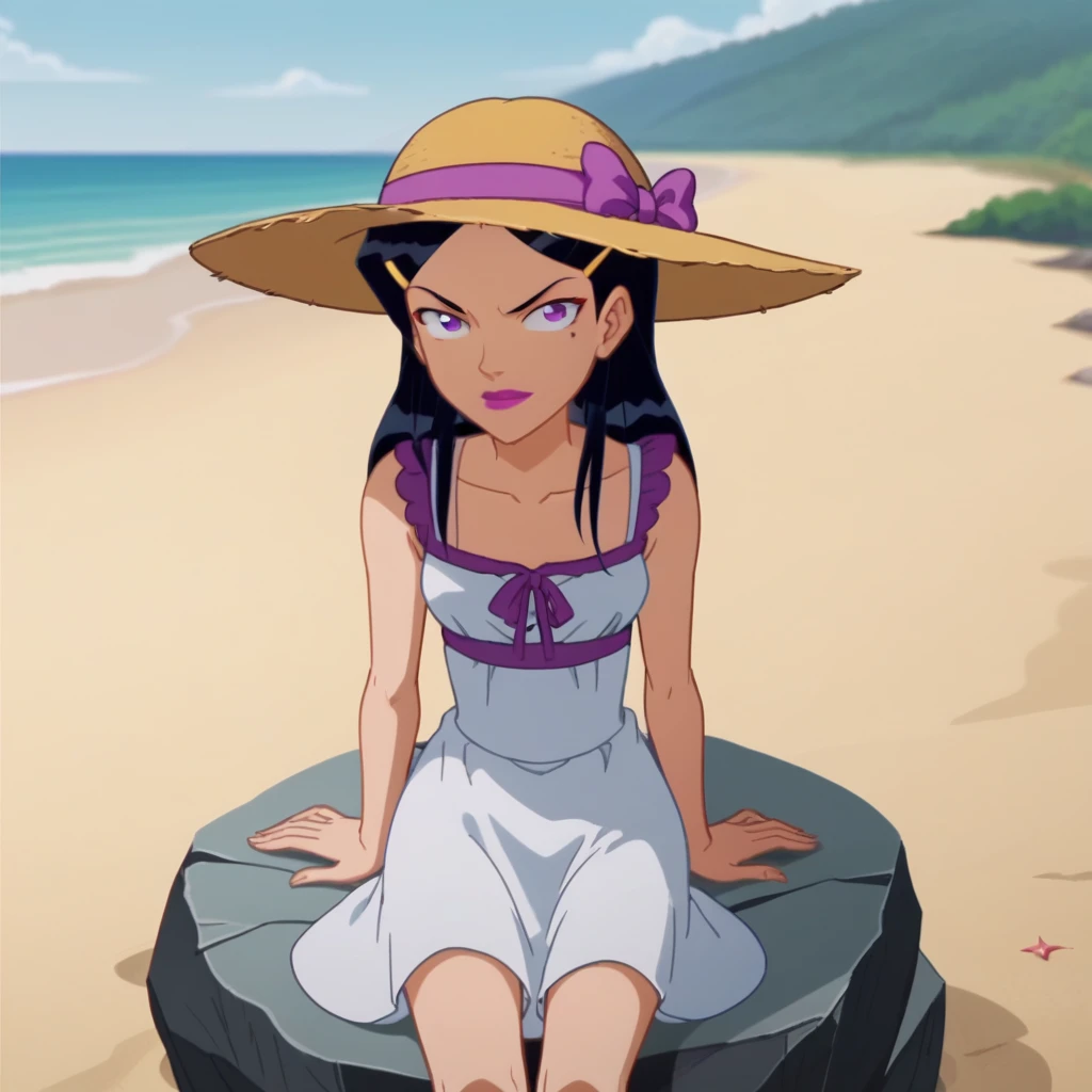 score_8_up, BREAK, anime screencap, Mandy, 1girl, solo,  long hair,  black hair, purple eyes, lipstick, hairclip, mole under left eye, <lora:Mandy_TotallySpies_PXL_Leaf2:1> ,   looking at viewer,  depth of field, sundress, sun hat, beach, sitting on rock,