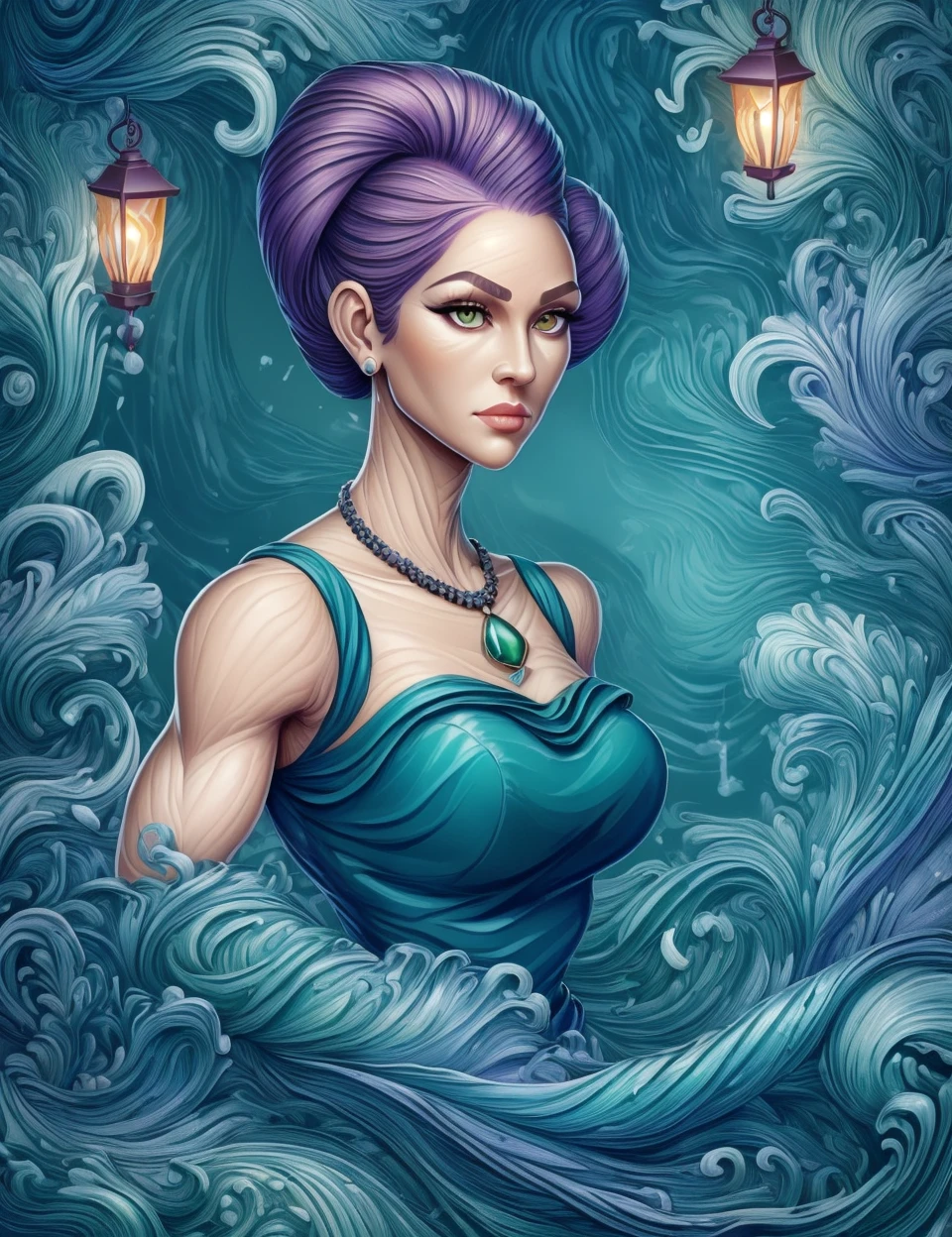 DonMW4t3r3l3 female midlife, elegant, european, violet eyes, flared ears, blunt jaw, angular forehead, rectangular face shape, sculpted biceps, , teal slicked-back hair hair, pride wearing ruffle detail shorts, salmon bow back blouse, boat shoes, snorkel ,,pendant , arms outstretched, inviting a hug, hospitals, slate tiles roof, lanterns with real flames, pathway lighting , <lora:DonMW4t3r3l3:0.9>