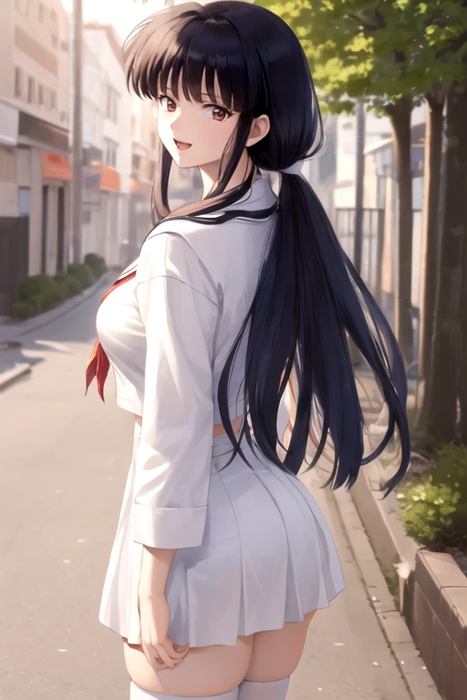 (masterpiece,best quality),kikyou \(inuyasha\), 1girl, solo,<lora:kikyou:1>,serafuku, school uniform, cowboy shot, dutch angle, smile, open mouth, walking, talking, sex from behind, looking back, street,city,outdoors,white legwear, large breasts,