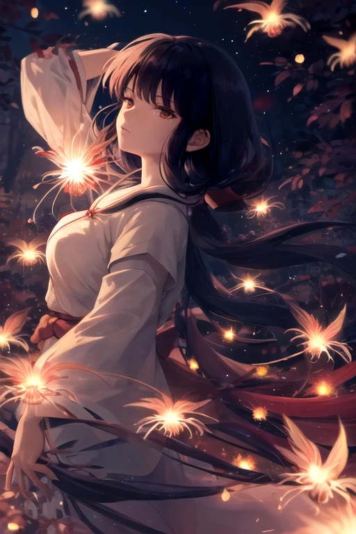 (masterpiece,best quality),kikyou \(inuyasha\), 1girl, solo,<lora:kikyou:1>, dutch angle,red hakama, miko,kimono,  petals, floating hair, forest, blue and red theme,large breasts,  lens flare, light particles, looking away, from above, shiny, (night:1.2),starry sky, , spider lily, disdain, disgust,fire,light particles, backlighting, fireflies, dancing,