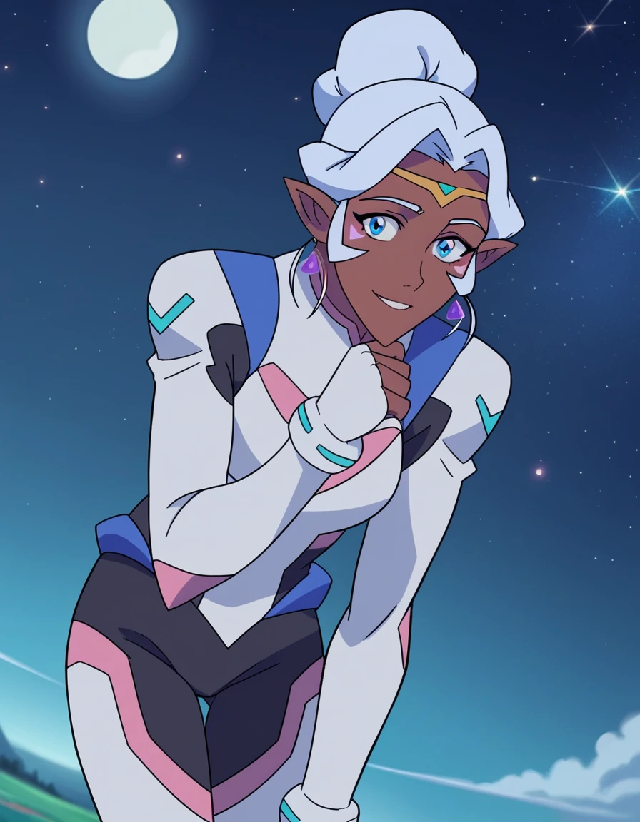 score_9, score_8_up, score_7_up, source_anime,
princessallura, <lora:princess-allura-anime-ponyxl-lora-nochekaiser:1>,
allura, blue eyes, white hair, pointy ears, dark skin, dark-skinned female, facial mark, elf, dark elf,
jewelry, earrings, hair bun, bodysuit,
outdoors, space, starry sky, moon, night, bent over, smile,
looking at viewer, cowboy shot, solo, dutch angle,