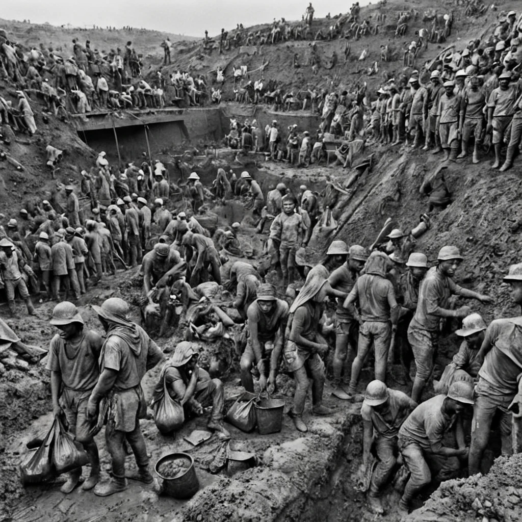 a (black and white:1.5) photo of numerous miners working in a vast, muddy excavation site. The workers are covered in dirt, wearing makeshift clothing and head coverings. Some people are carrying bags or tools, while others are standing and resting. The background is filled with more workers scaling the rough terrain High contrast, extreme details, intricate details, 8k, 35mm photo, photorealism, realistic photo, national geographic style, masterpiece