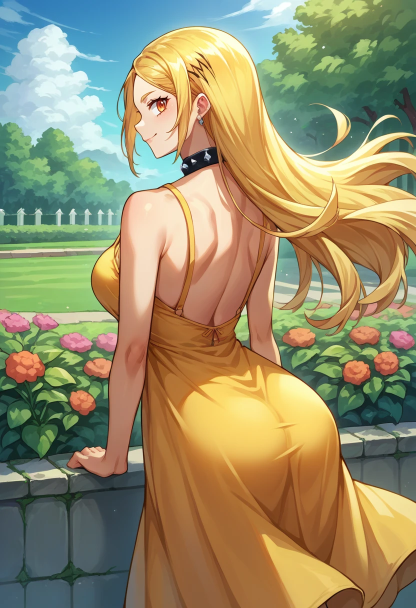 score_9, score_8_up, source_anime, 1girl, solo, KamiuntenMira, long hair, spiked collar, from behind, yellow sundress, garden, day, sunshine, smile, looking back, <lora:ChamKamiuntenMiraPonyXL:1>
