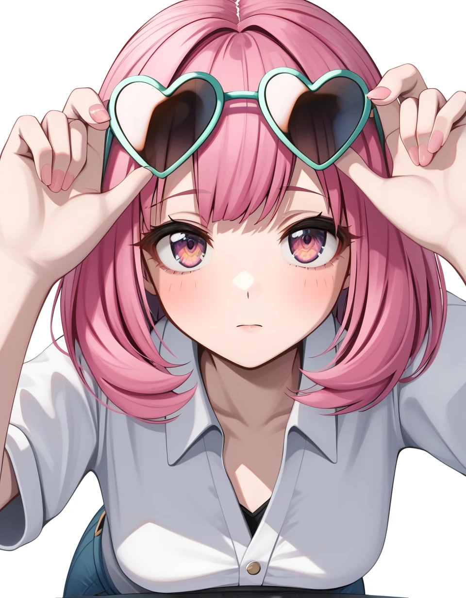 1 girl , (( solo )) , upper body, leaning forward, looking at viewer , look up, arms up, <hatosangu_sdxl_0001:0.7>, hatosangu, heart sunglasses, sunglasses on head, green rim sunglasses, part pink hair, medium hair, ultra-detailed, 4k, white background , good hand , perfect hands,