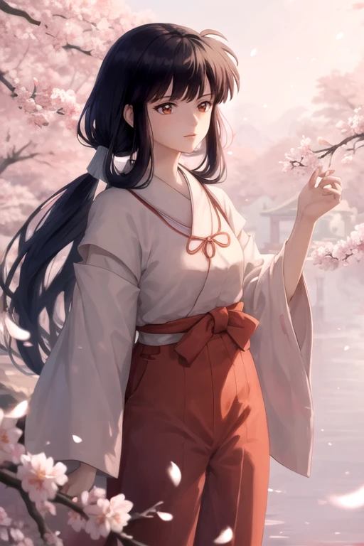 (masterpiece,best quality),kikyou \(inuyasha\), 1girl, solo,<lora:kikyou:1>, dutch angle,red hakama, miko,kimono, torii, petals, floating hair, cherry blossoms, pink theme,