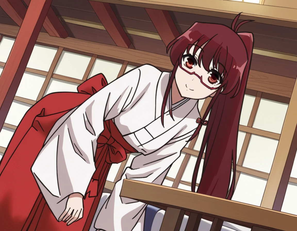 score_9, score_8_up, score_7_up, source_anime,
tomoekarijuku, <lora:tomoe-karijuku-s2-ponyxl-lora-nochekaiser:1>,
tomoe karijuku, long hair, red eyes, ponytail, red hair, glasses, semi-rimless eyewear, red-framed eyewear, under-rim eyewear,
skirt, japanese clothes, glasses, hakama, hakama skirt, semi-rimless eyewear, red-framed eyewear, under-rim eyewear, miko, red hakama,
indoors, dojo, smile, bent over,
looking at viewer, cowboy shot, dutch angle, solo,