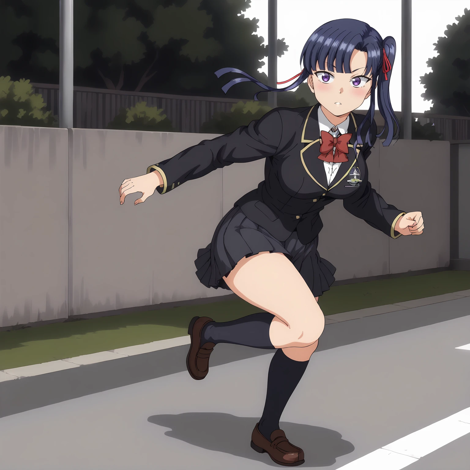 <lora:SakuraMiyajimaXLpony003>,
blush,parted lips,
solo,
SakuraMiyajima,1girl,blue hair,side ponytail,purple eyes,hair ribbon,
school_uniform,red bowtie,black blazer,long_sleeves,
pleated_skirt,
black socks,
full body,running,