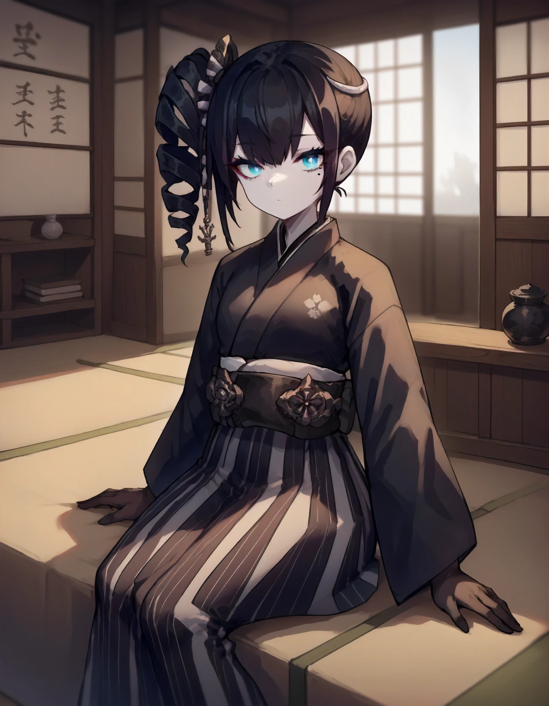 score_9,score_8_up, score_7_up,source_anime,1girl,
looking at viewer,sitting,dormitory,indoors,
<lora:ancientdestroyeroni_ponyXLV6:0.7>,asadon,
pale skin,mole under eye,cyan eyes,
black hair,side ponytail,side drill,hair ornament,
japanese clothes,black kimono,
black striped hakama skirt,black gloves