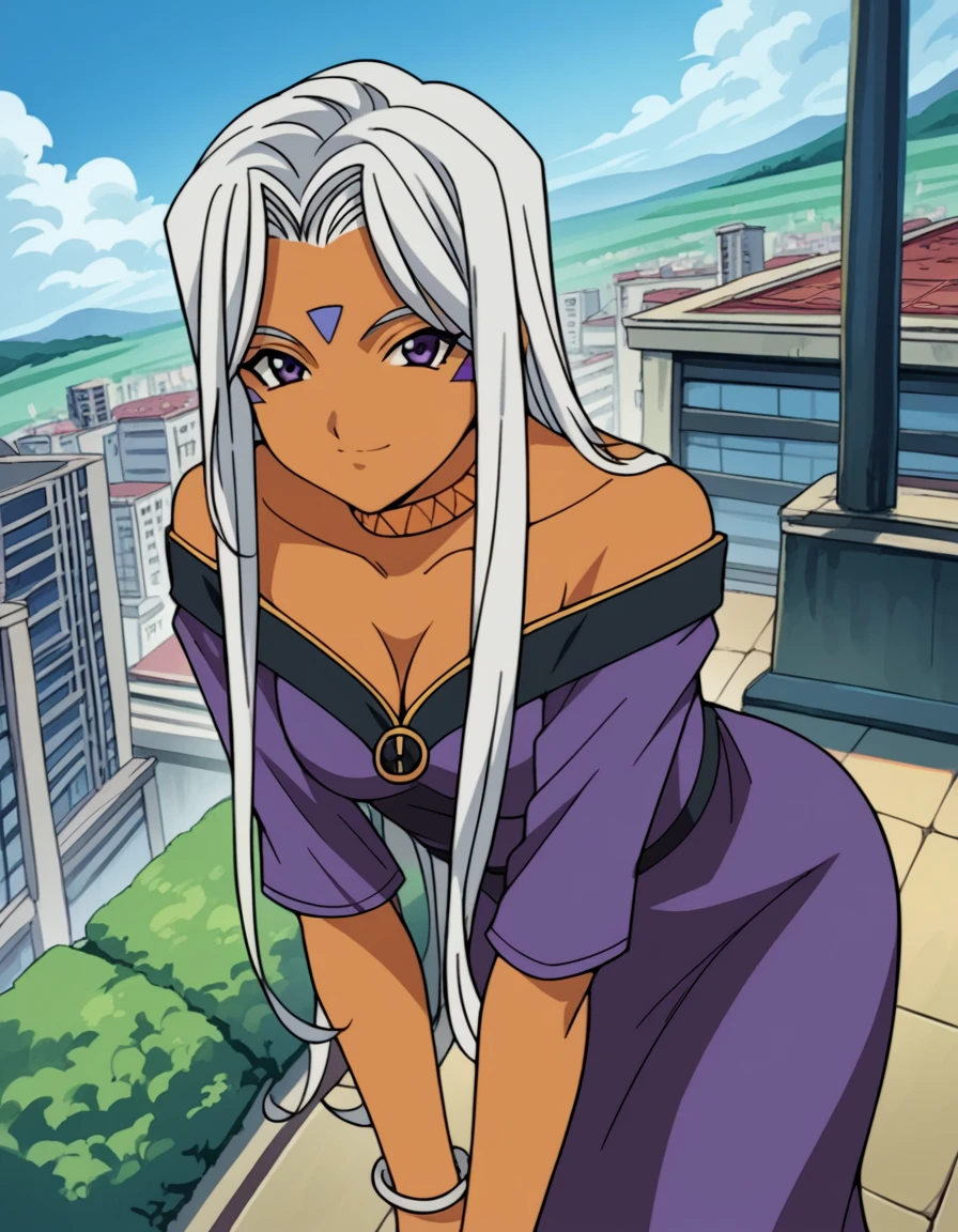 score_9, score_8_up, score_7_up, source_anime,
goddessurd, <lora:goddess-urd-s2-ponyxl-lora-nochekaiser:1>,
goddess urd, long hair, purple eyes, white hair, dark skin, dark-skinned female, facial mark, forehead mark,
cleavage, bare shoulders, jewelry, choker, off shoulder, bracelet, dress, purple dress,
outdoors, cityscape, smile, bent over,
looking at viewer, cowboy shot, solo, dutch angle,