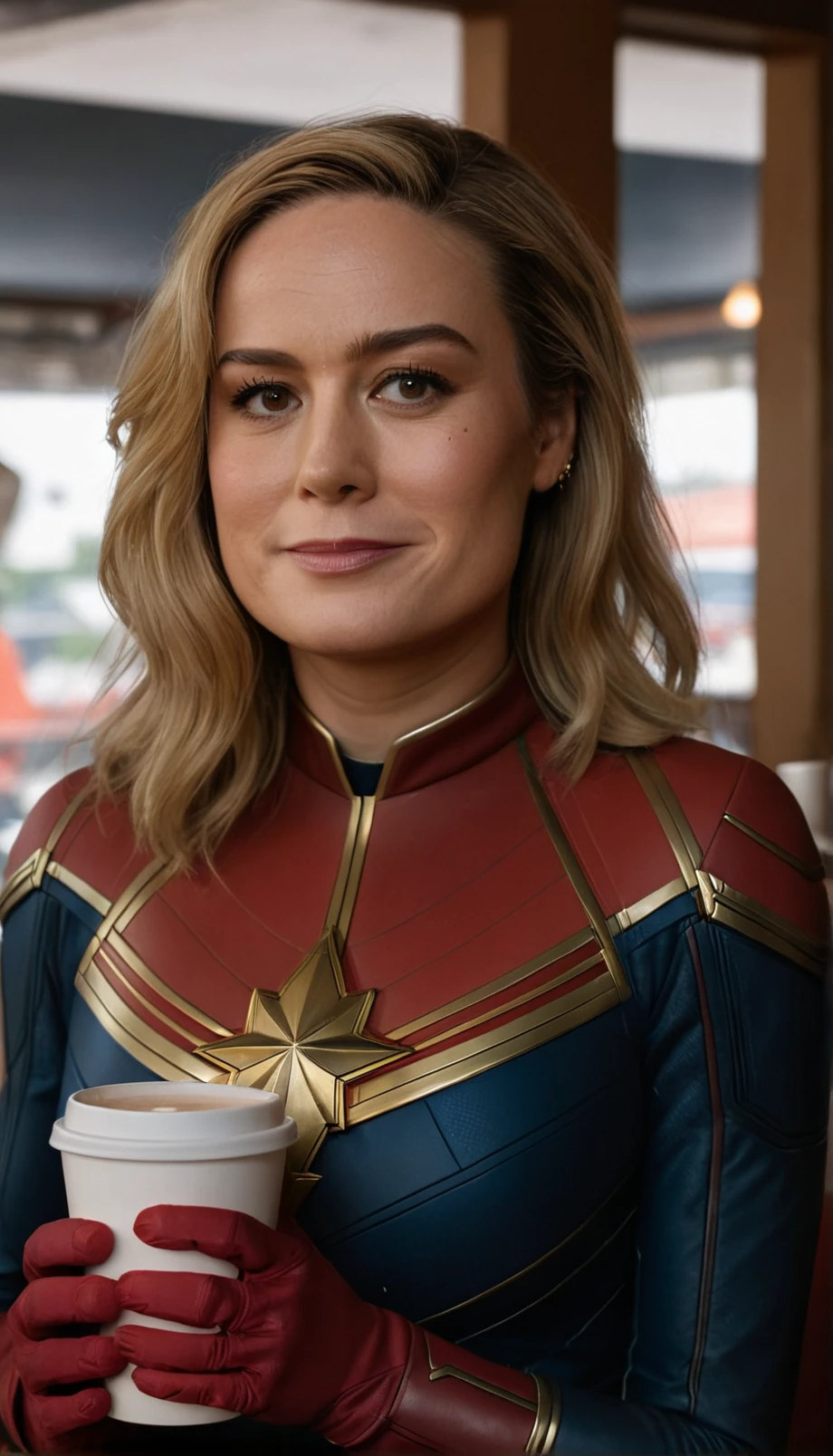 a beautiful picture of brieXL,blonde,mature woman,detailed skin texture,masterpiece, photorealistic, light, RAW color photo,(fully in frame:1.1), (blush:0.5), (goosebumps:0.5), (smiling:0.5),wearing a captain marvel outfit,detailed face,indoors,cafe,sitting, holding a coffee mug, <lora:brieXL:1>